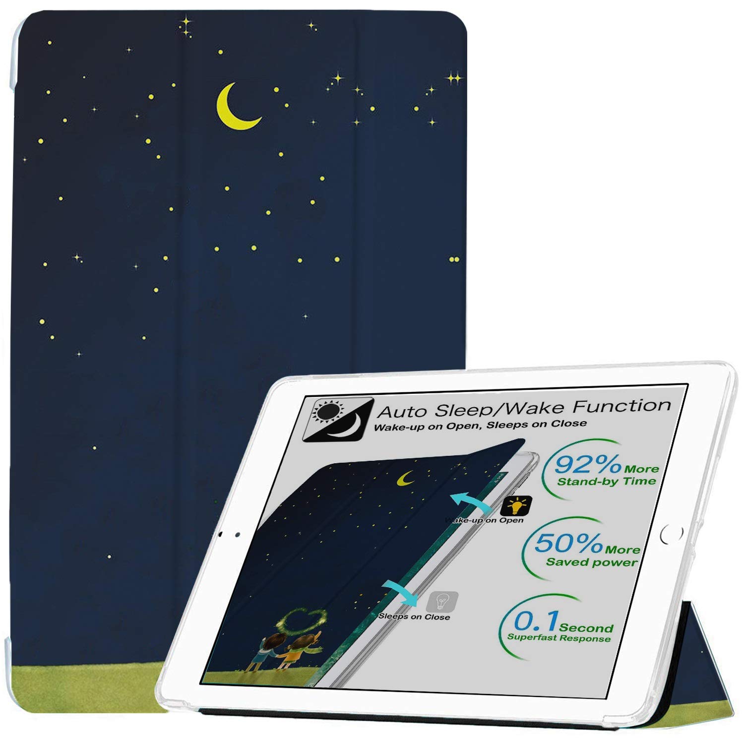 DuraSafe iPad 9.7 Inch Case for 5th/6th Generation (A1893 A1954 A1822 A1823) - Lightweight Smart Trifold Cover with Transparent Front & Back, Soft Silicone Protection - Night Sky Design - Perfect for Work, School & Travel
