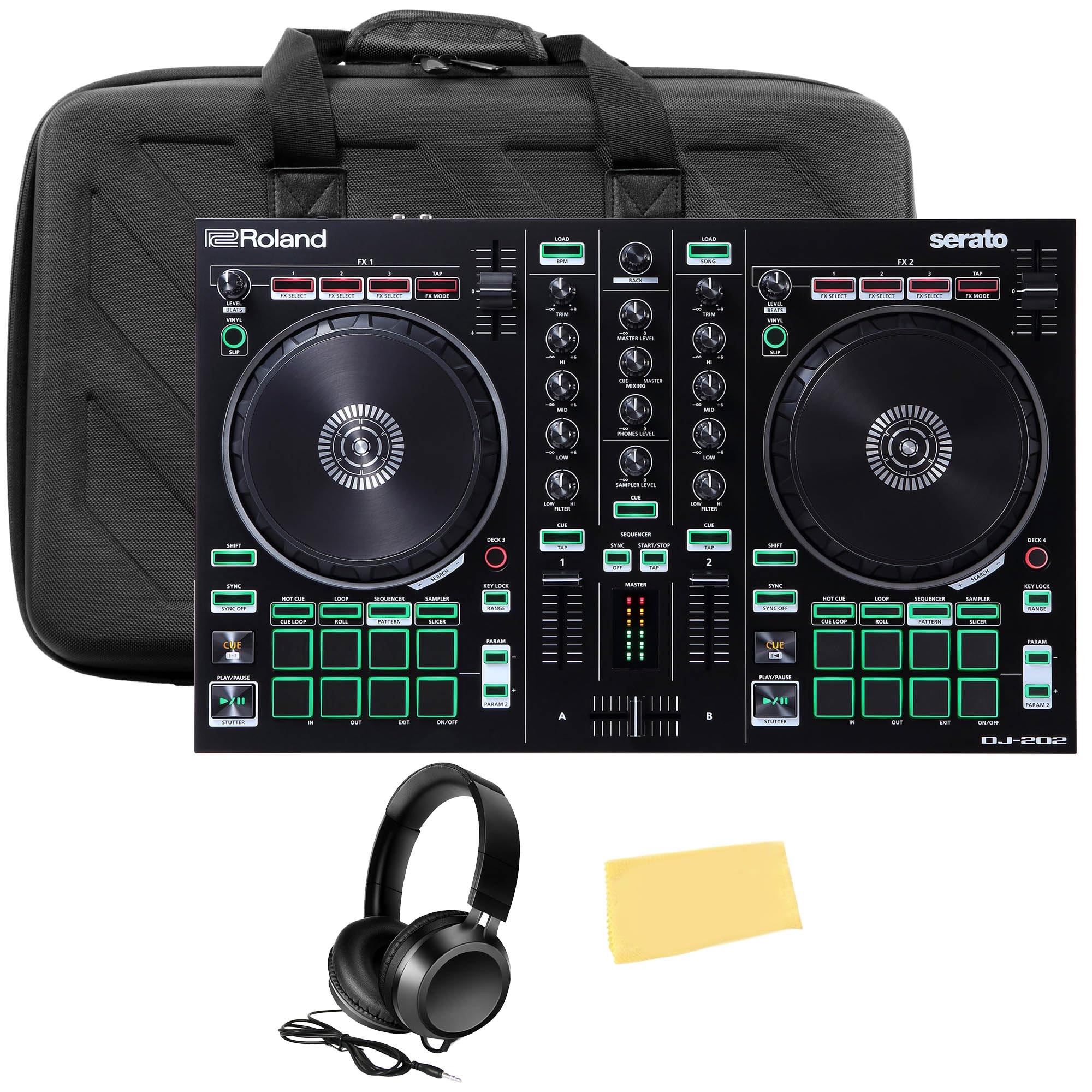 Roland DJ-202 Professional DJ Controller Bundle with Carrying Case, Headphones & Cleaning Cloth - Perfect for Live Performances, Home Studios & Mobile DJ Gigs
