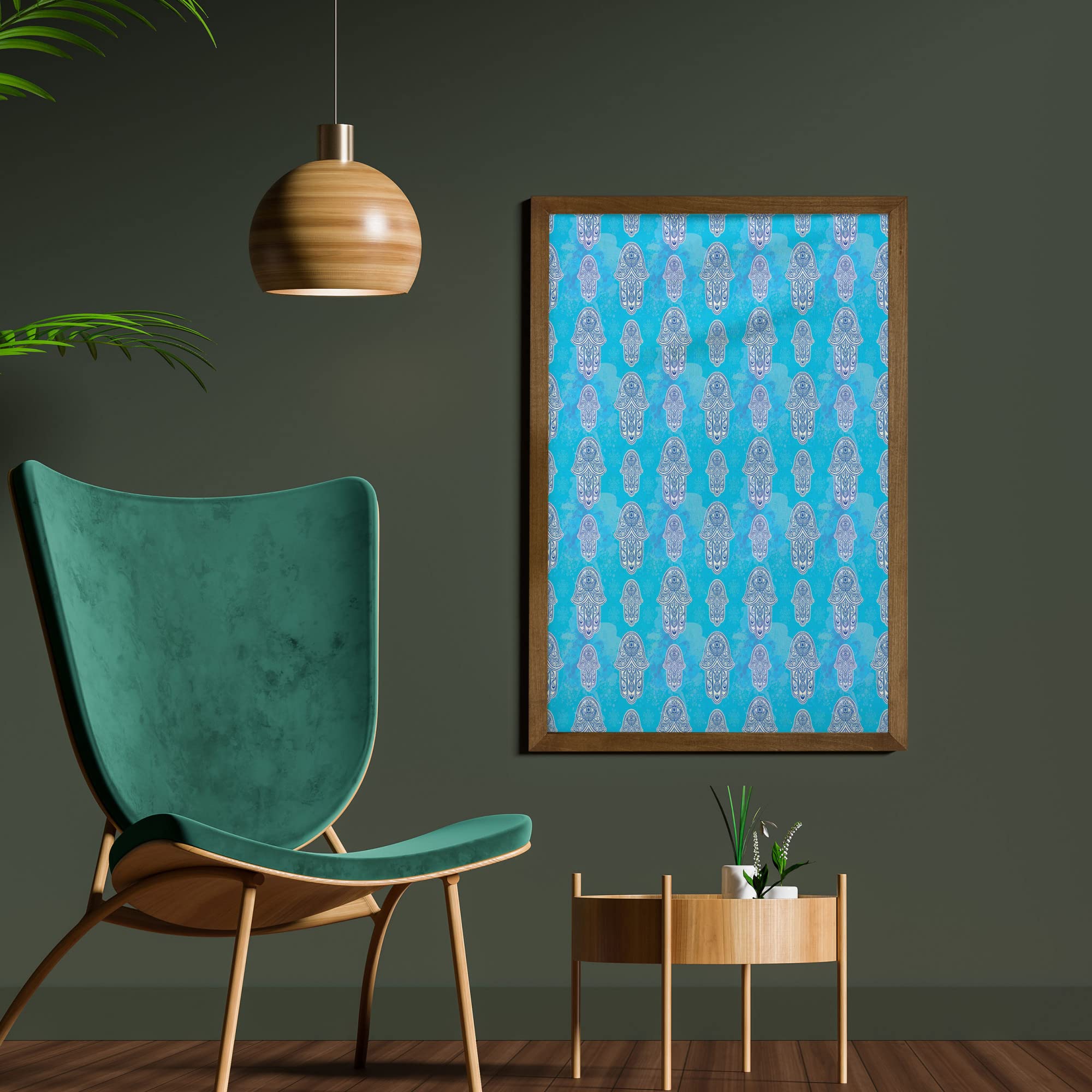 Ambesonne Hamsa Hand Wall Art Decor - Blue Navy White Oriental Eye Flower Pattern Framed Canvas Painting with Teak Wood Frame, 23
