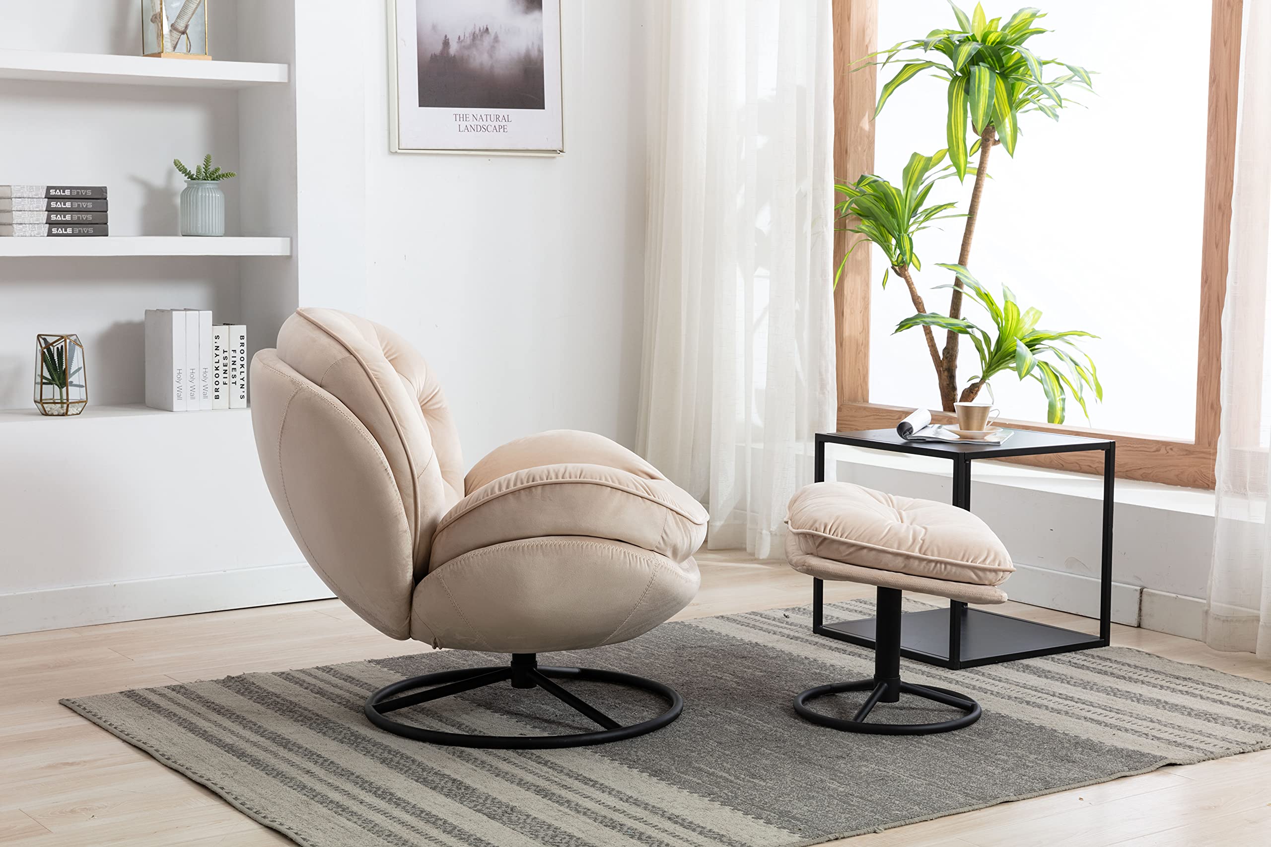 Velvet Swivel Accent Chair with Ottoman - Cozy Lounge Chair for Living Room, Bedroom & Reading Room - Modern Upholstered Lazy Sofa & Chase Lounger - Perfect for Relaxing, Watching TV & Reading (Beige)