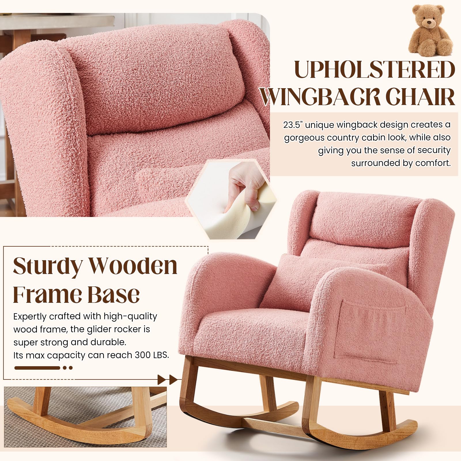 Antetek Modern Teddy Upholstered Rocking Chair - High Back Wingback Nursery Rocker with Lumbar Support Pillow, Comfortable Accent Armchair for Living Room, Bedroom & Nursery (Pink) | Perfect for Nursing, Relaxing & Nursery Decor