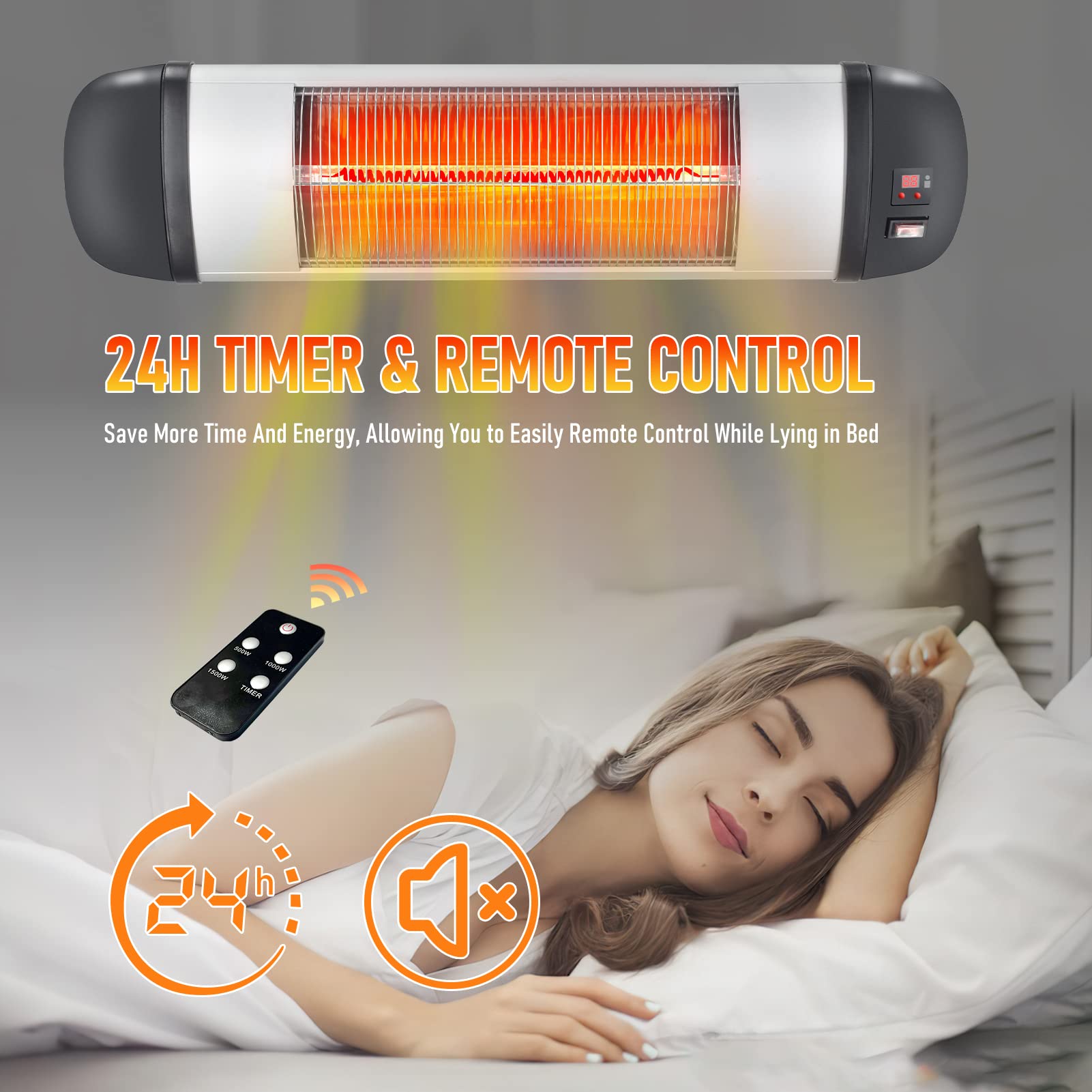 1500W Electric Patio Heater with Remote Control - 3 Heat Levels & 24H Timer - Wall Mounted Indoor/Outdoor Heater - IP34 Weatherproof - Perfect for Garage, Deck, and Backyard Use