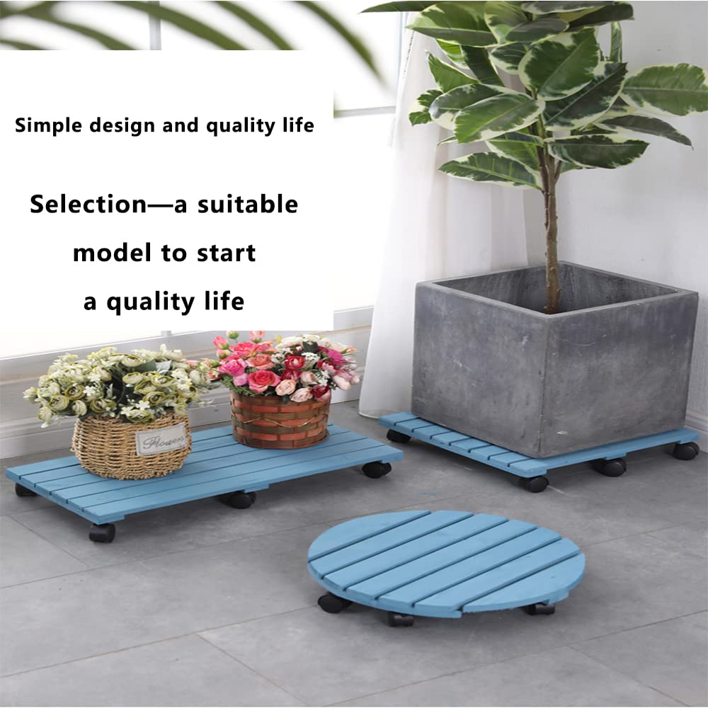 **Rolling Flower Pot Tray - 35cm Round Solid Wood Base with Universal Wheels, Blue - Perfect for Indoor/Outdoor Plant Mobility & Decoration**