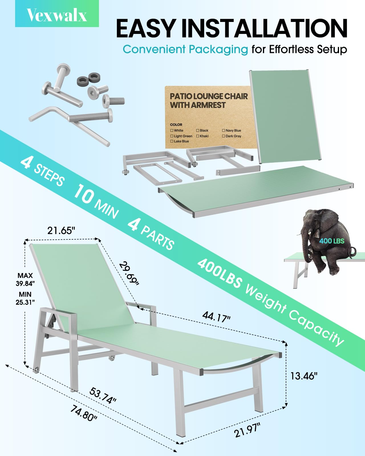 Premium Aluminum Adjustable Recliner Chaise Lounge Chairs Set of 2 - 5-Position Outdoor Poolside Lounge with Wheels & Armrests - Light Green Patio Furniture for Beach, Deck, Yard & Backyard Relaxation