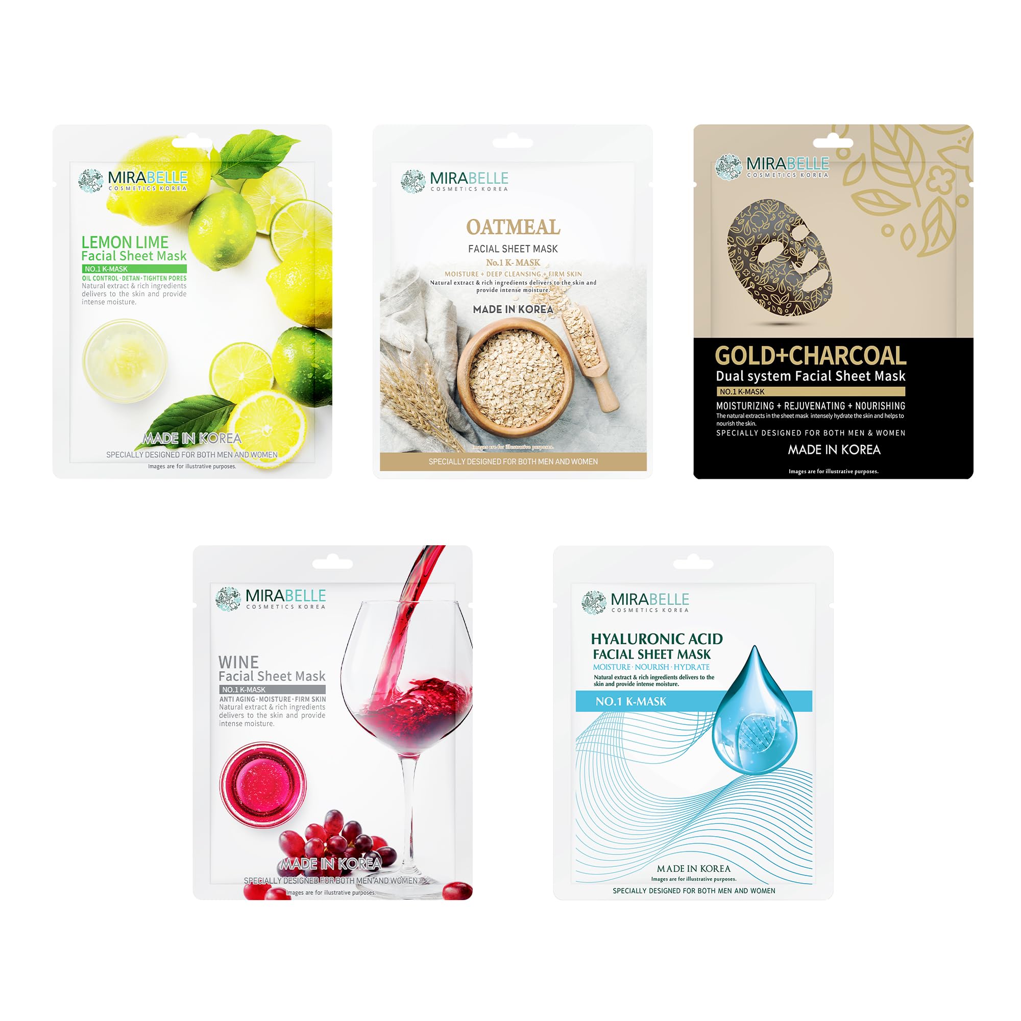 Mirabelle Nourishing Facial Sheet Mask Set - Hydrating & Brightening Skincare Treatment (5 Pack) | Perfect for Daily Use, Spa Days & Travel Skincare Routine