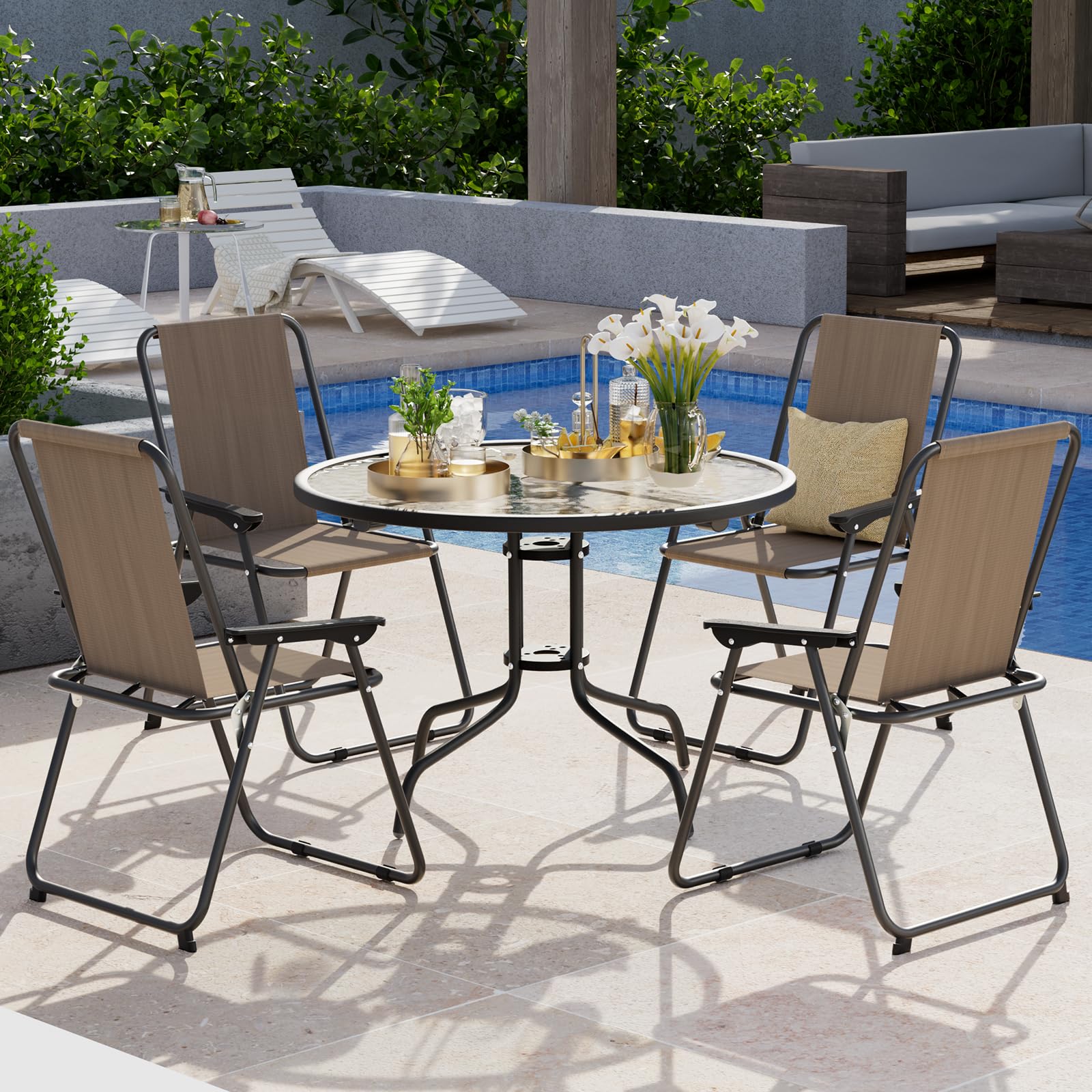 UDPATIO 4-Piece Folding Patio Dining Chair Set - Lightweight Steel Frame & Weatherproof Textilene Fabric - Compact Folding Design (5.7lbs Each, 220lb Capacity) - Perfect for Outdoor Dining, Poolside Lounging & Backyard Relaxation - Brown