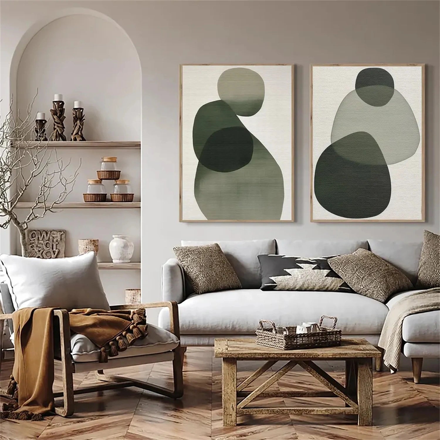 Abstract Wall Art Set of 2 - Blue & Green Modern Canvas Paintings for Living Room, Bedroom & Office Decor #BG088