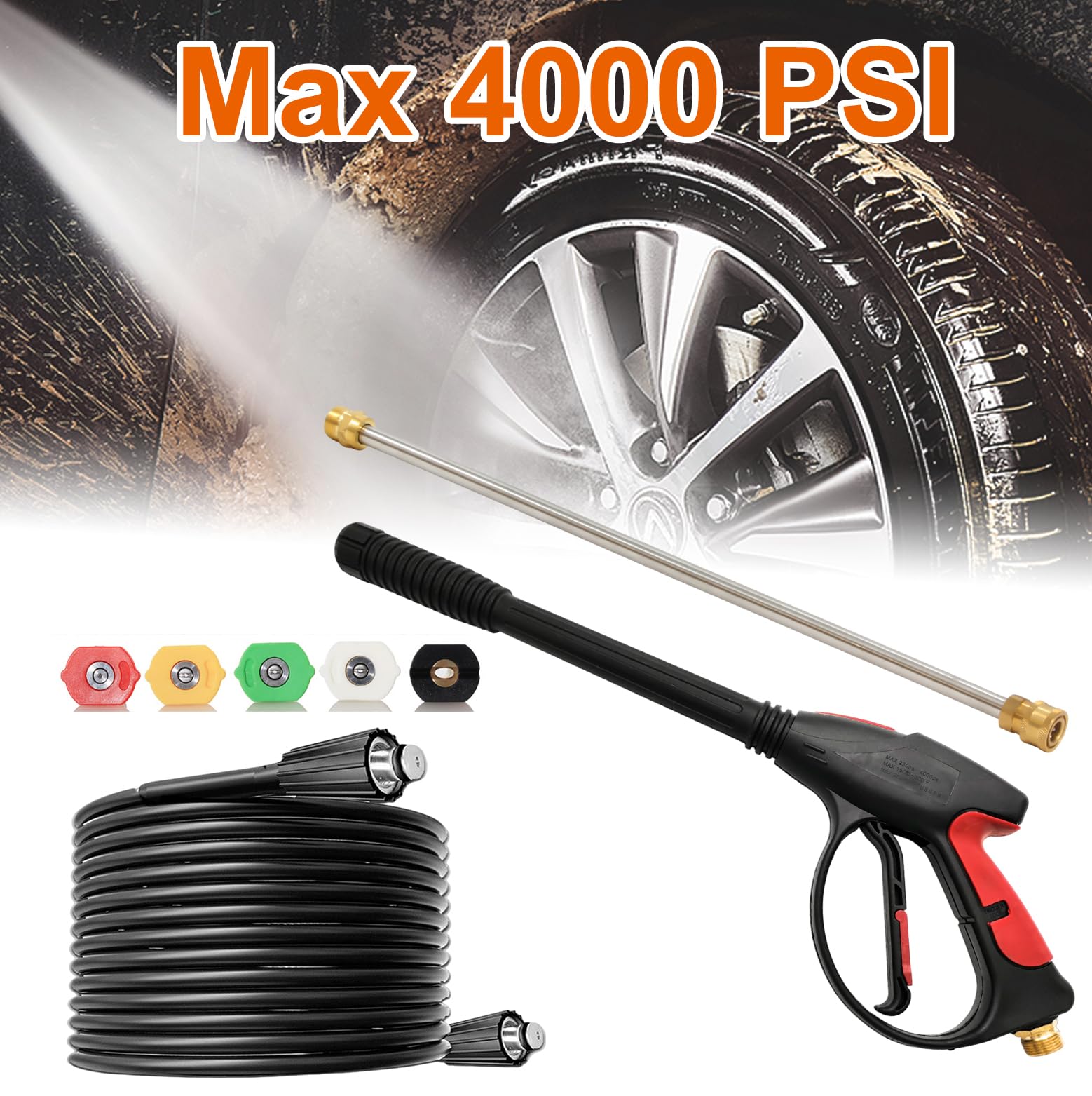 4000PSI Pressure Washer Gun Kit with 26FT Hose & Extension Wand - M22 Fitting, 5 Nozzle Tips for Gas/Electric Power Washers - 40