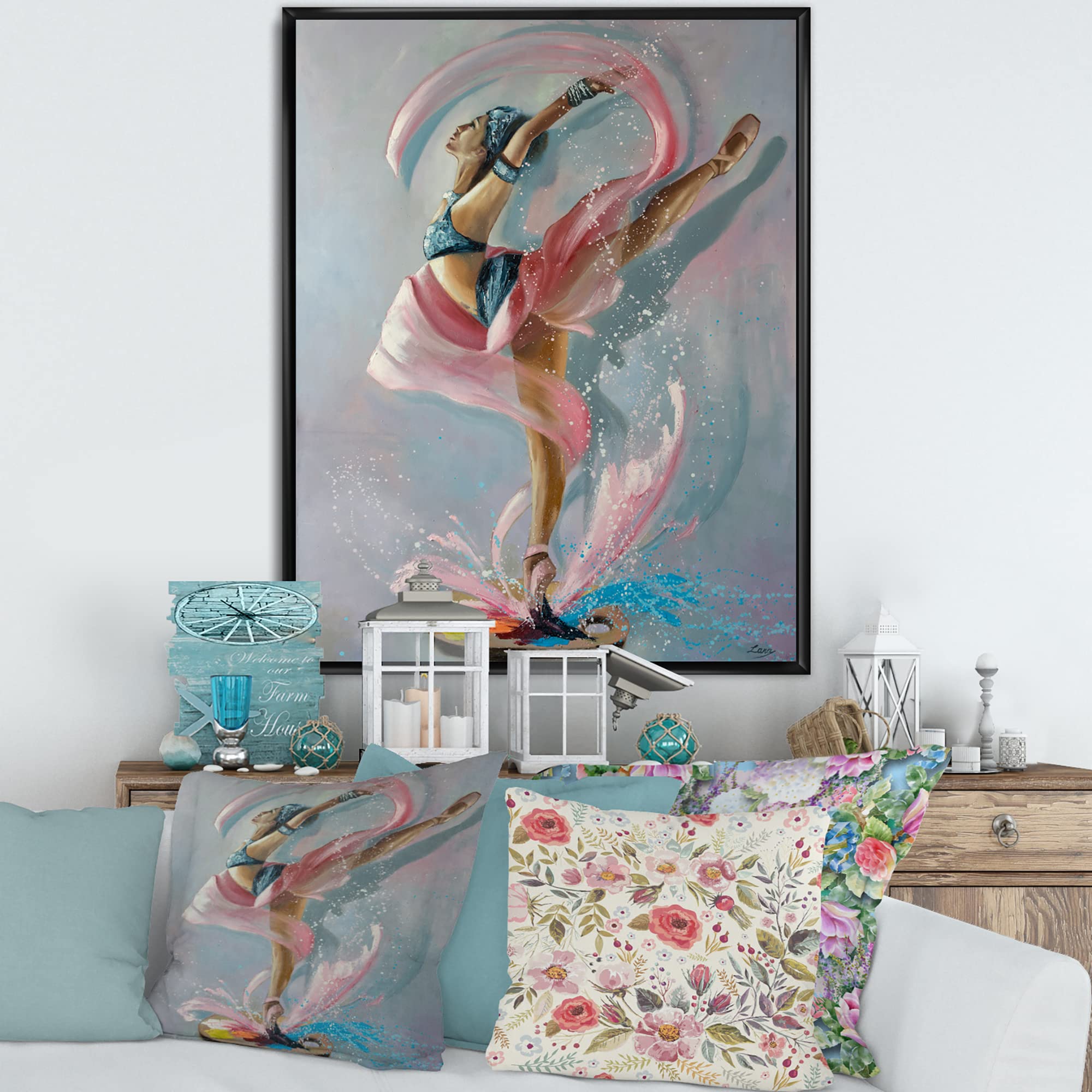 DesignQ Elegant Dancing Woman in Pink Drapes - Traditional Framed Canvas Wall Art Print - Perfect for Living Room, Bedroom & Office Decor