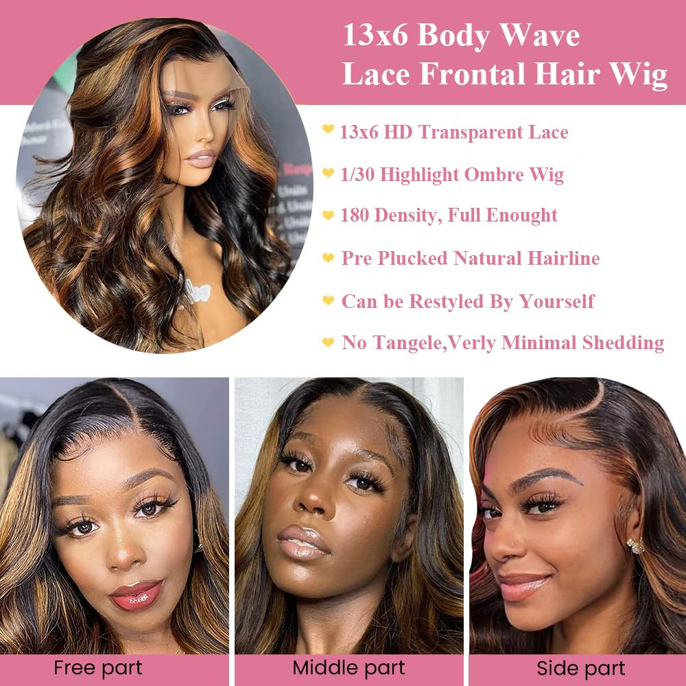 13x6 HD Transparent Lace Front Wig - 26 Inch Pre Plucked Human Hair Balayage Ombre Wigs with 180% Density & Body Wave - Glueless Lace Frontal Wig in Auburn 1/30 for Daily Wear, Parties & Special Occasions