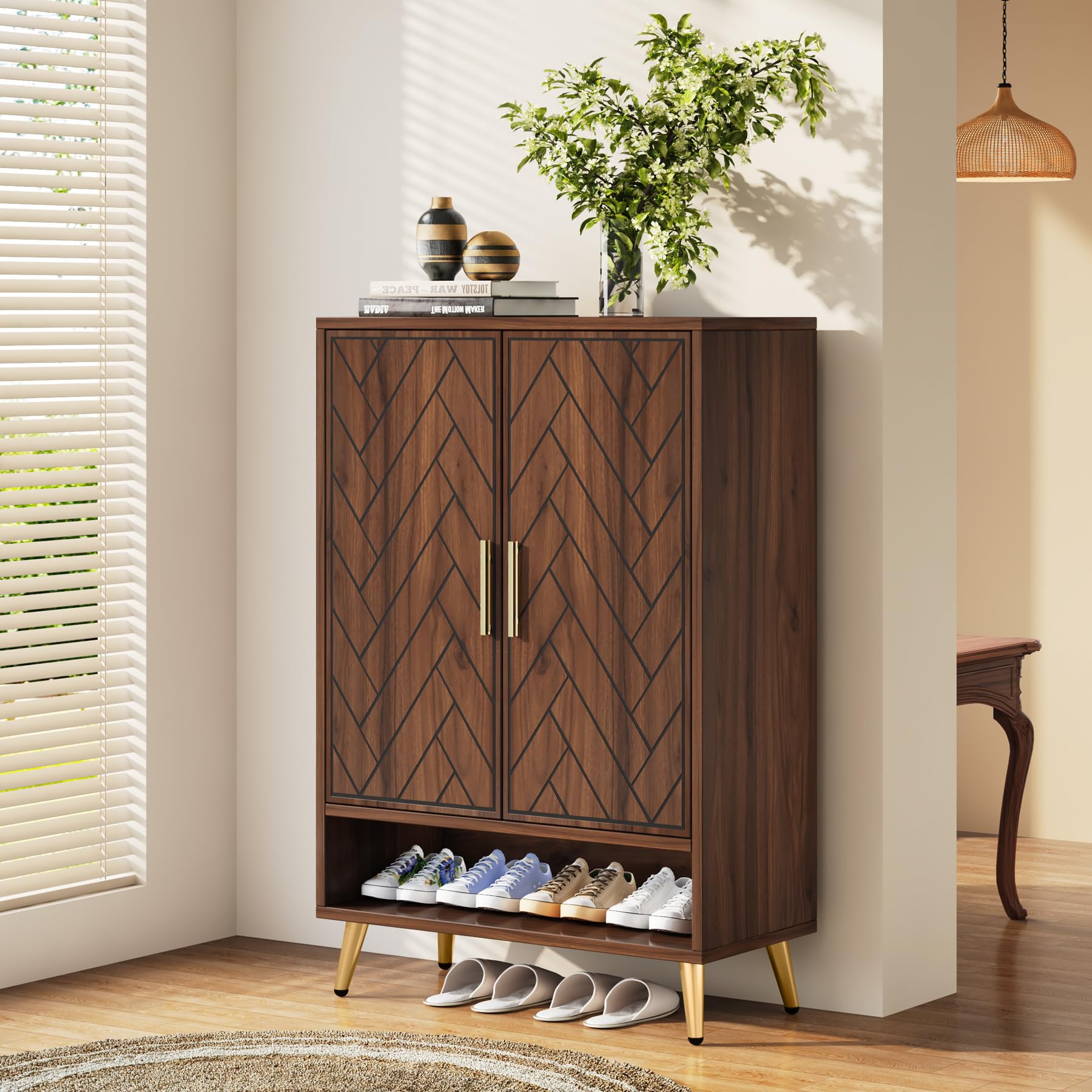 Tribesigns 6-Tier Shoe Storage Cabinet with Doors - 18 Pairs Entryway Shoe Organizer, Adjustable Shelves Wooden Shoe Rack for Living Room, Bedroom, Hallway - Walnut Finish with Gold Legs | Perfect for Small Spaces & Home Organization