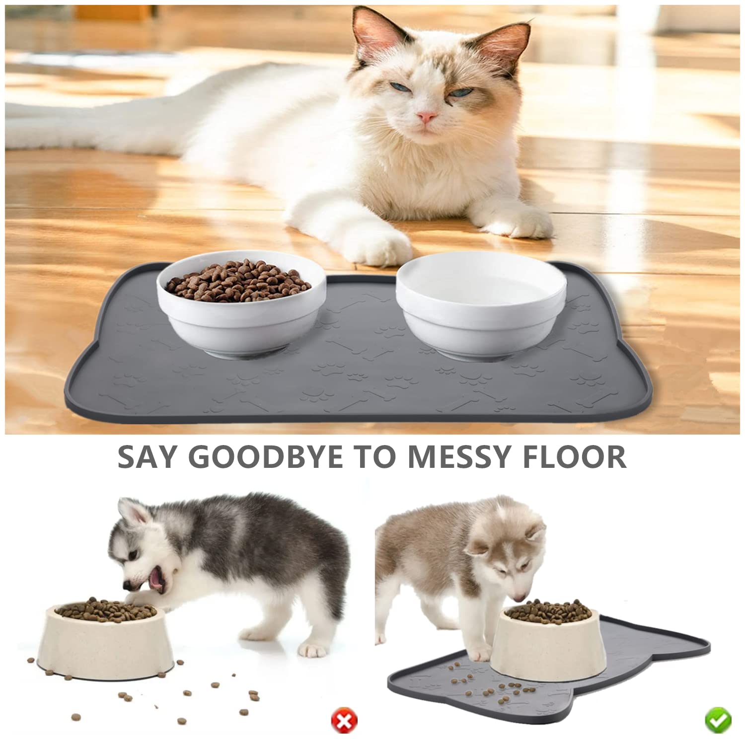 Non-Slip Silicone Pet Food Mat - Waterproof Cat & Dog Bowl Mat with Raised Edges to Prevent Spills - Durable Feeding Tray for Mess-Free Meals - Ideal for Kitchen, Crate, or Outdoor Use (Teal, Medium)