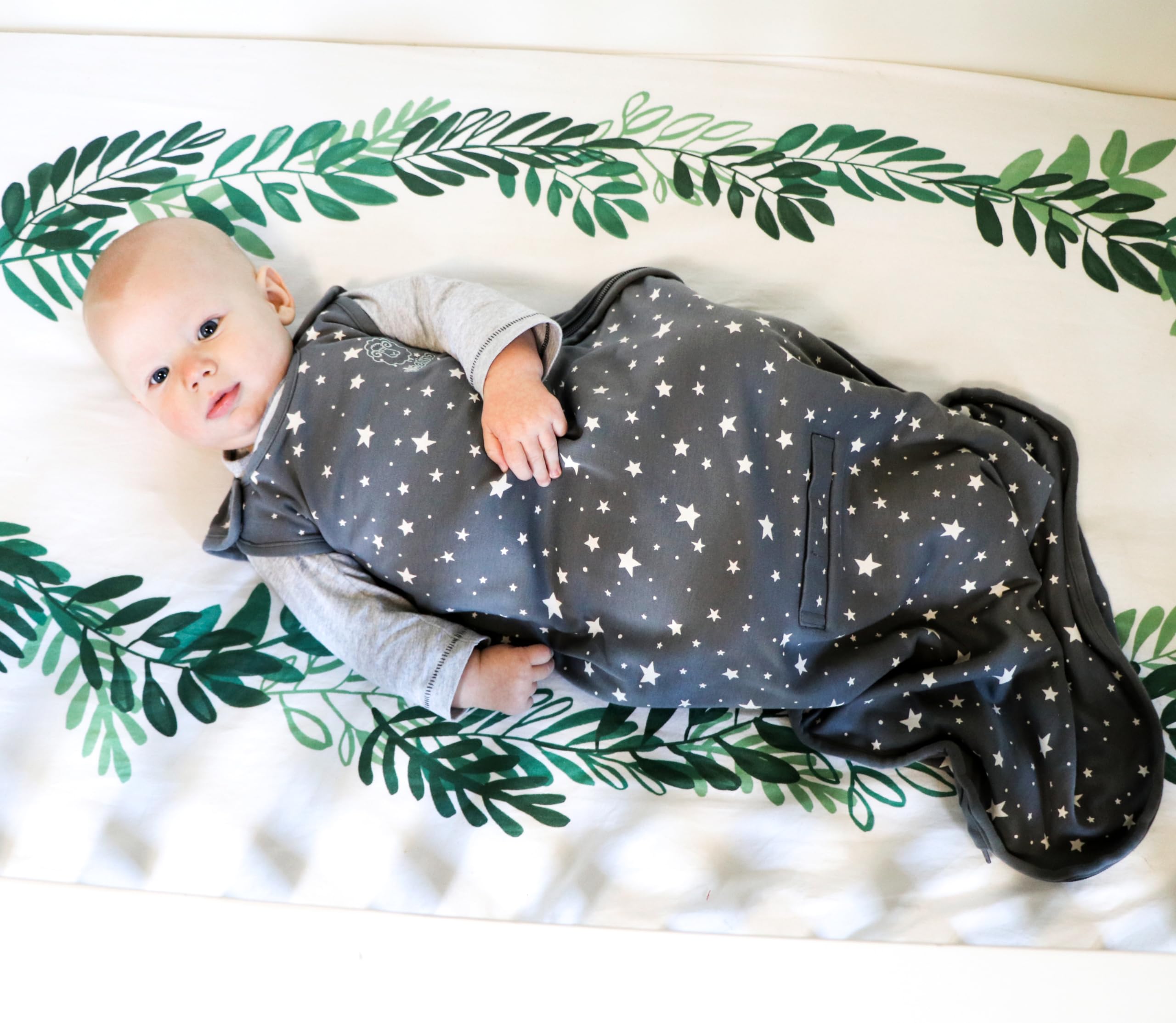 Woolino Merino Wool & Organic Cotton Baby Sleep Sack - 4 Season Adjustable Sleeping Bag with Two-Way Zipper for Infants 2-24 Months (Star Gray) | Perfect for Nursery, Daycare & Travel