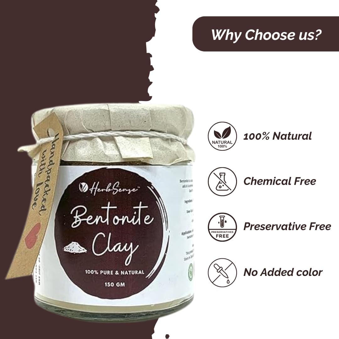 **Herbsense Bentonite Clay Mask - 150g Glass Jar, Oil Control, Anti-Acne, Detoxifying & Purifying for Skin & Hair | Deep Cleansing, Pore Minimizing, Natural Skincare & Hair Treatment for Daily Use**