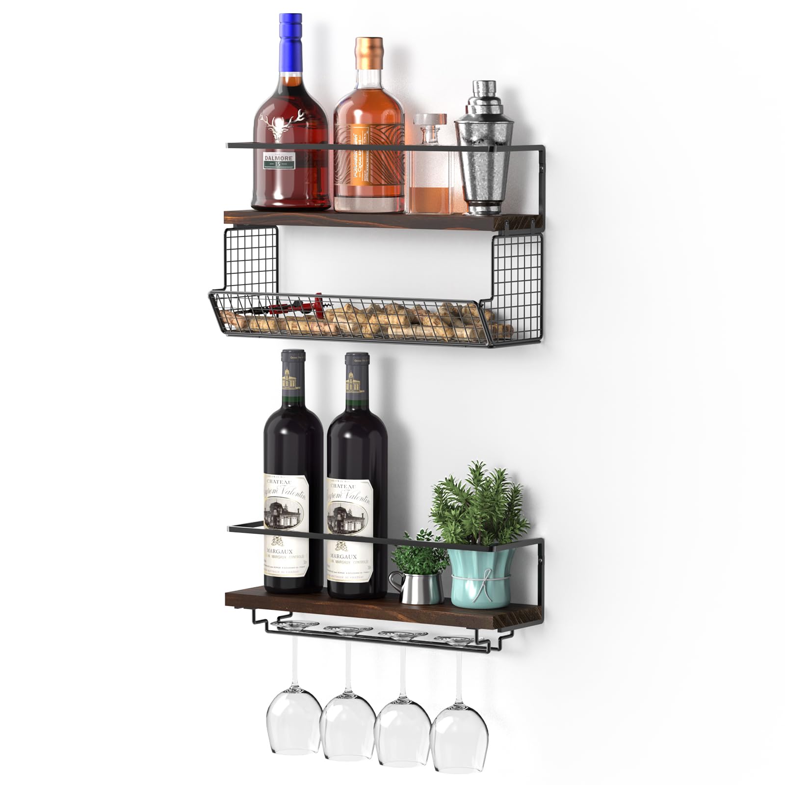 2-Pack Wall Mounted Wine Rack with Mesh Basket & Glass Holder - Rustic Brown Wine Bottle Storage Shelf for Kitchen, Dining Room, Bar Decor - Perfect for Organizing Wine Collections & Displaying Favorite Bottles