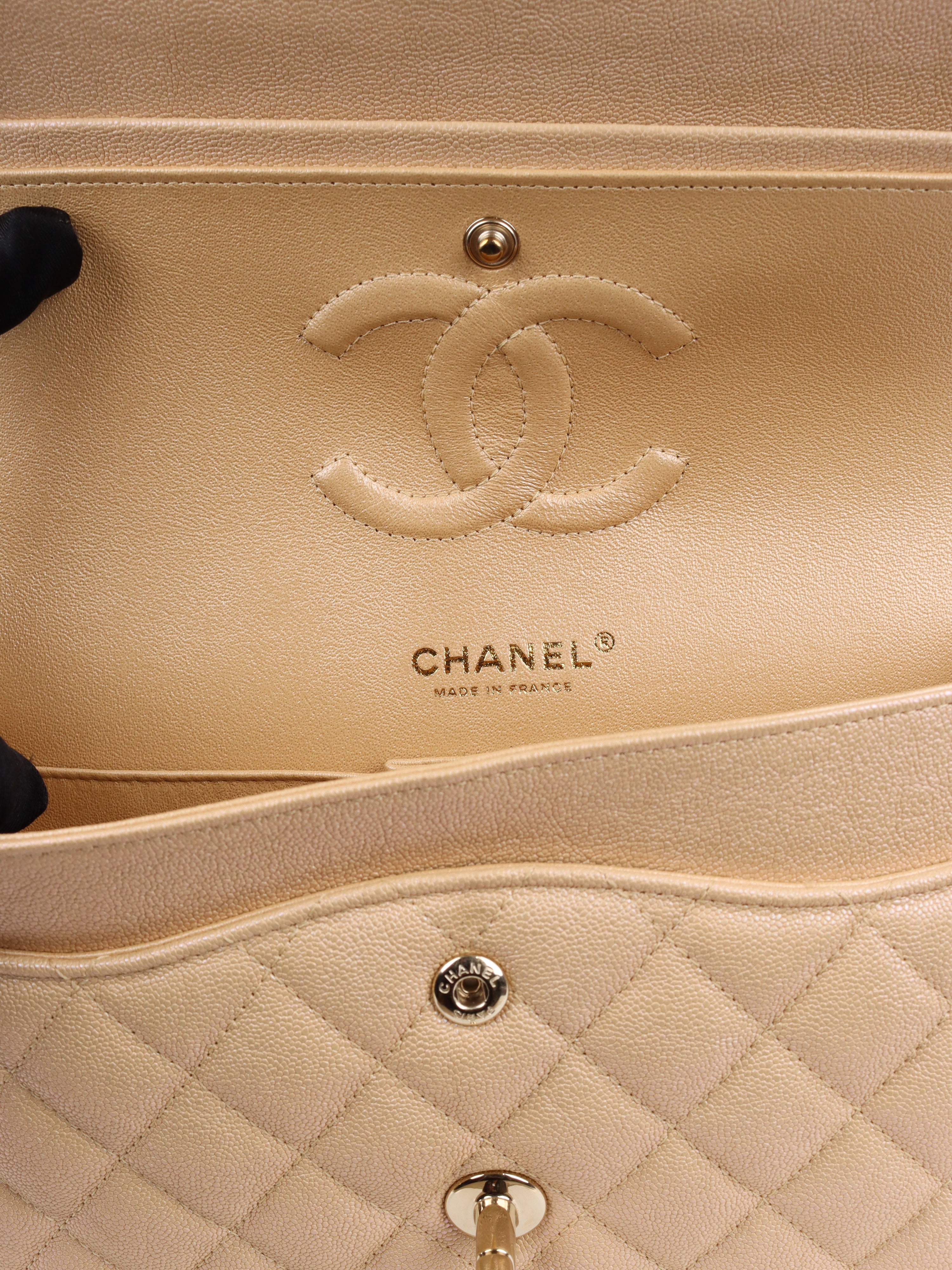 Chanel Iridescent Beige Caviar Medium Double Classic Flap Bag with Light Gold Hardware - Luxury Shoulder Bag for Women, Perfect for Parties, Weddings & Special Occasions