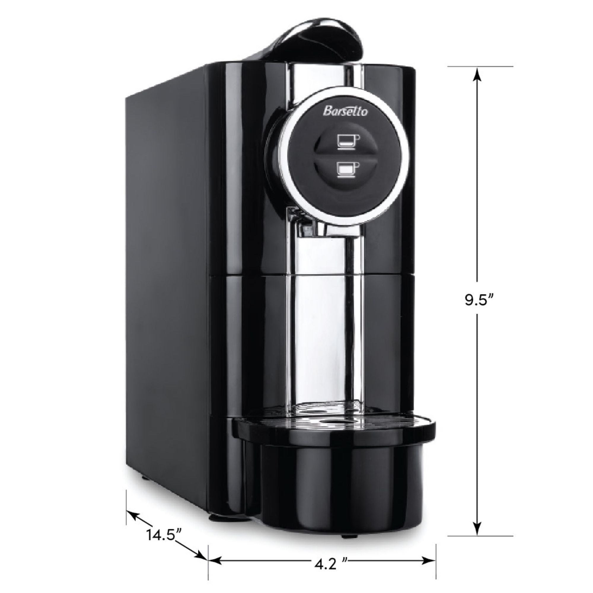 Barsetto One Touch Espresso Machine - 19 Bar High Pressure Pump, Fast Heating, Single & Double Shot, Compatible with Coffee Pods - Black & Silver Automatic Coffee Maker for Home, Office & Cafe Use