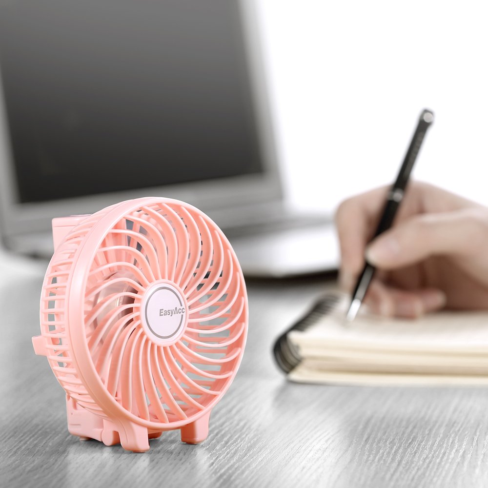 EasyAcc Mini Handheld Fan - Portable USB Rechargeable Personal Cooling Fan for Travel, Camping, Office & Home Use | Folding Design, Quiet Operation | Perfect for Outdoor Activities, Work Desks & Bedside Use - Pink