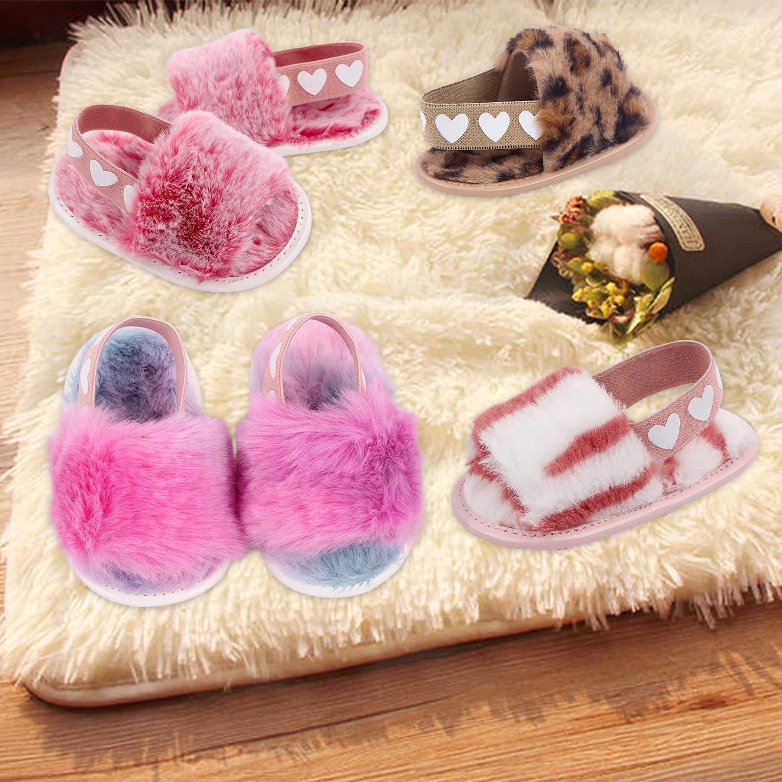 2 Pack Baby Girls Sandals - Soft Elastic Back Strap Toddler Slippers with Faux Fur | First Walker Shoes for Infants | Non-Slip House Shoes & Princess Style Outdoor Play