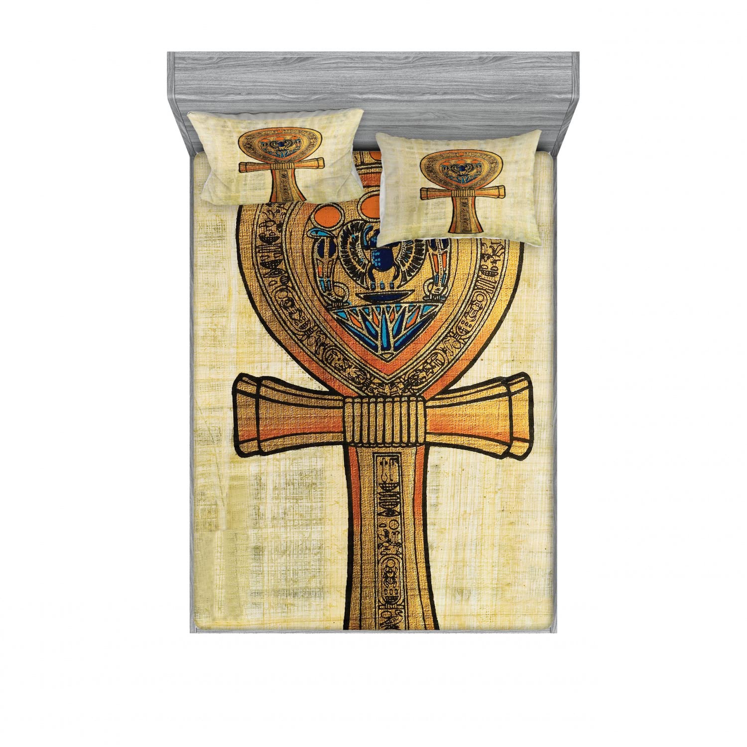 Ambesonne Egyptian Queen Size 4-Piece Bedding Set - 2 Fitted Sheets & 2 Pillow Shams with Antique Cultural Design in Cream Orange | Luxurious Bedroom Decor for Home, Hotel, or Airbnb
