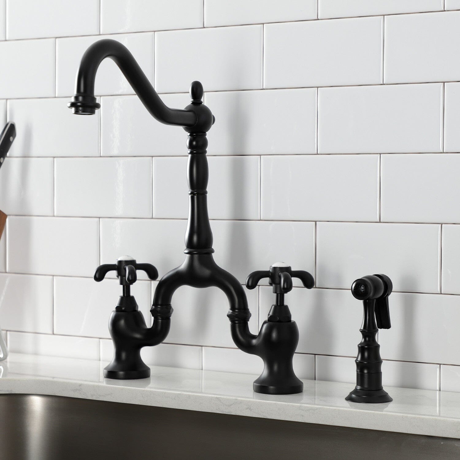 French Country Two-Handle 3-Hole Deck Mount Bridge Kitchen Faucet with Brass Side Sprayer - Perfect for Farmhouse, Cottage & Vintage Style Kitchens (Ideal for Washing Dishes, Filling Pots & Cleaning Countertops)
