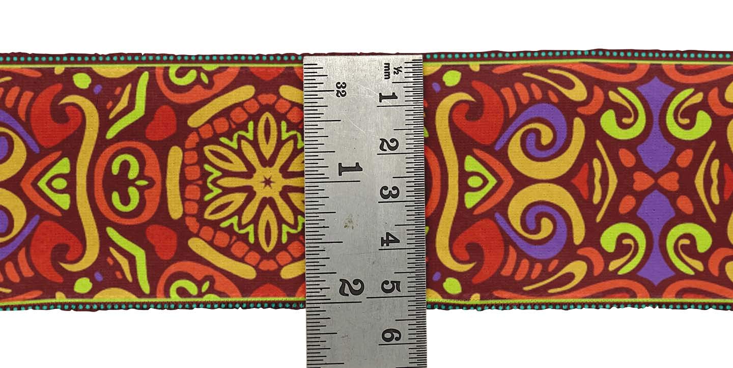 Red Stripe & Mandala Printed Velvet Ribbon Trim - 9 Yards Decorative Fabric Lace for Crafts, Sewing Accessories (2 Inches Wide) - Perfect for DIY Projects, Gift Wrapping & Home Decor