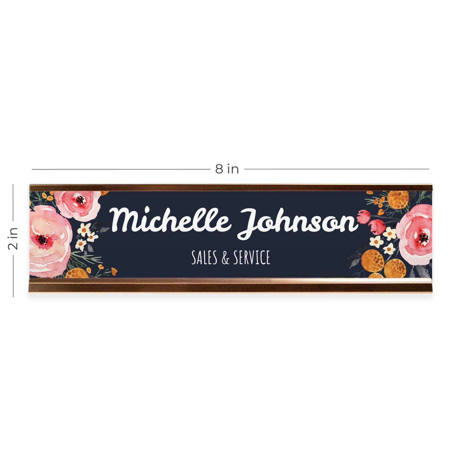 Custom Floral Name Plate with Rose Gold Metal Holder - Personalized 8