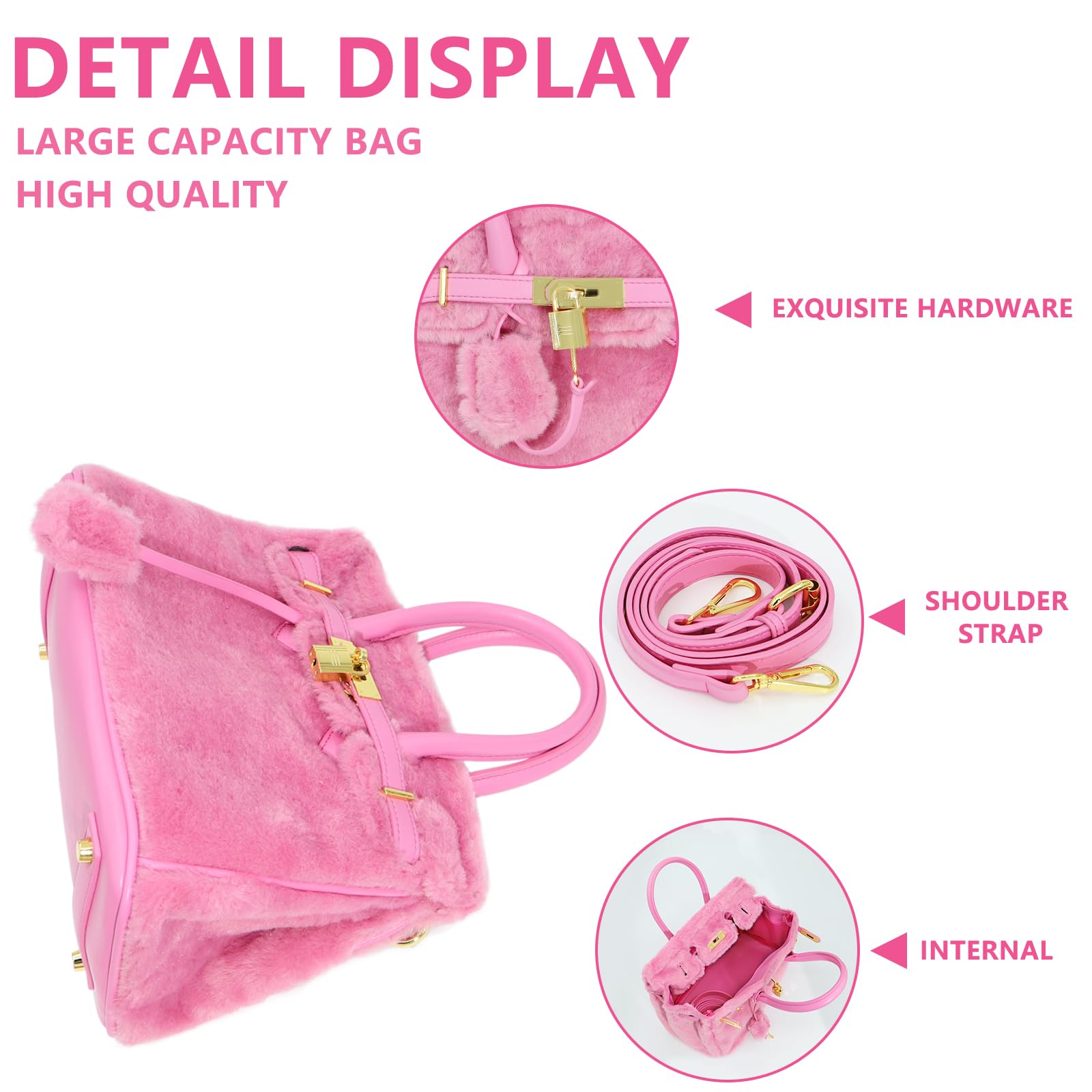 Women's Furry Pink Tote Bag - Large Capacity Crossbody Shoulder Bag with Lambswool Patchwork Leather - Perfect for Work, Travel & Daily Matching (12