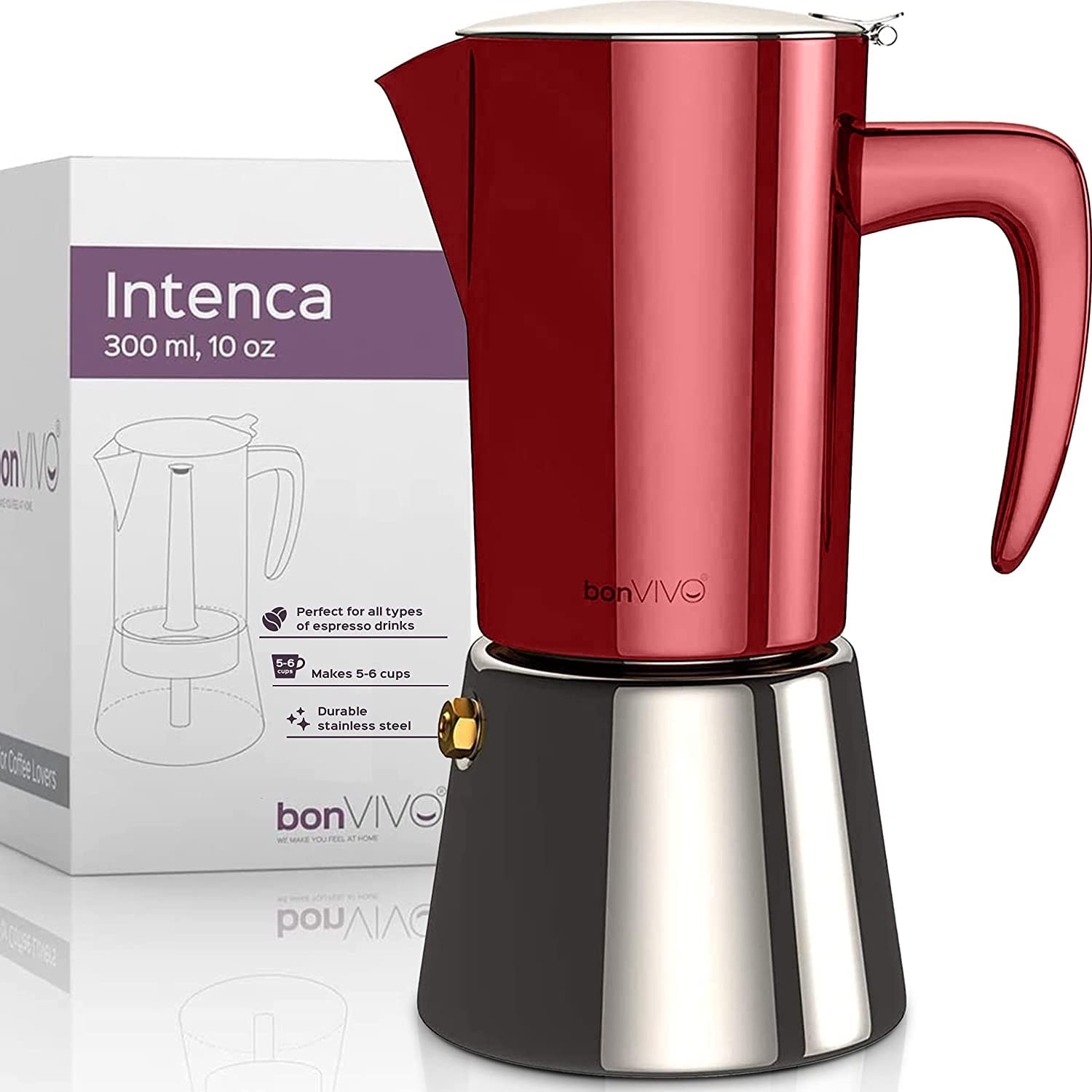 bonVIVO Intenca Stovetop Espresso Maker - Premium Italian Moka Pot for Rich Coffee, 10 oz Stainless Steel Espresso Machine (5-6 Cups) with Red Finish - Perfect for Home Brewing, Camping & Gifts