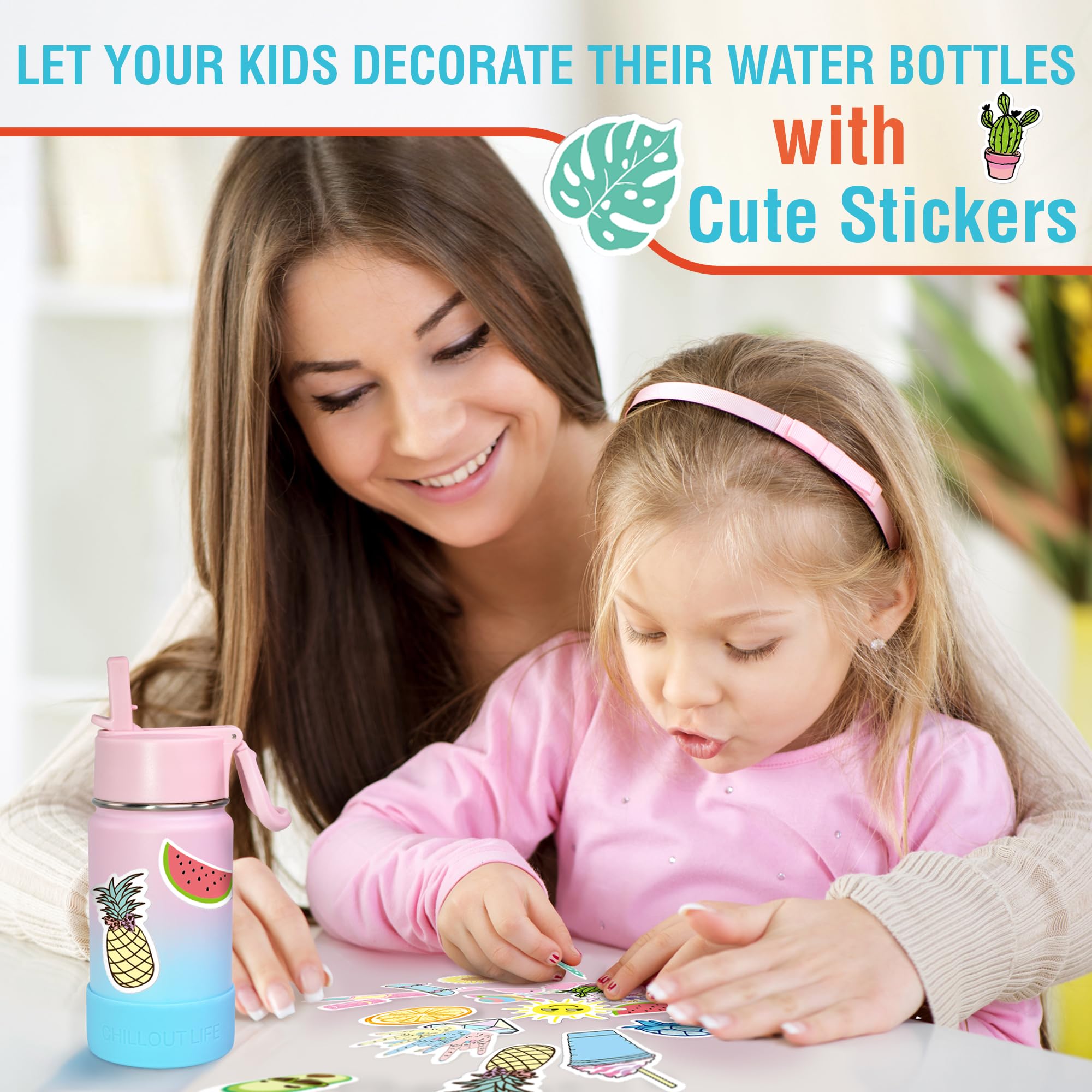 CHILLOUT LIFE 12 oz Insulated Stainless Steel Water Bottle with Straw Lid for Kids - Leakproof & BPA-Free - Includes 20 Cute Waterproof Stickers for Personalization - Ideal for School, Sports & Outdoor Activities