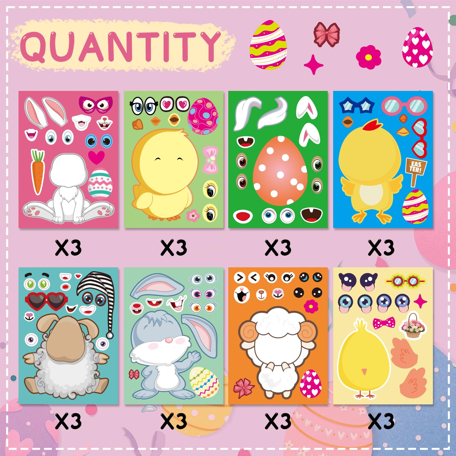 24pcs Easter Stickers for Kids - DIY Make-a-Face Easter Egg Stickers with Farm Animals, Rabbits, Chicks & Sheep - Fun Classroom Activities, Party Favors & Easter Gifts for Children, Family & School Use - Perfect for Easter Egg Hunts, Classroom Rewards & Holiday Crafts