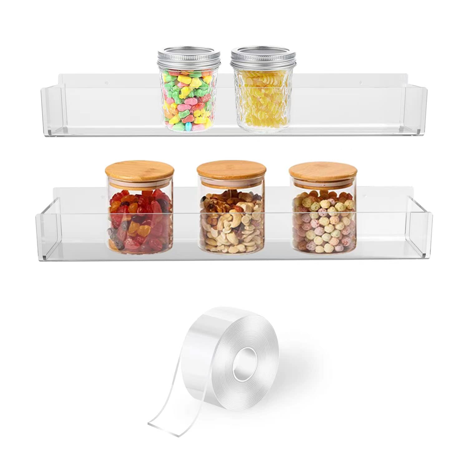VAEHOLD Clear Adhesive Acrylic Spice Rack Organizer with Nano Double-Sided Tape - 2 Pack Wall Mount Shelves (11.8
