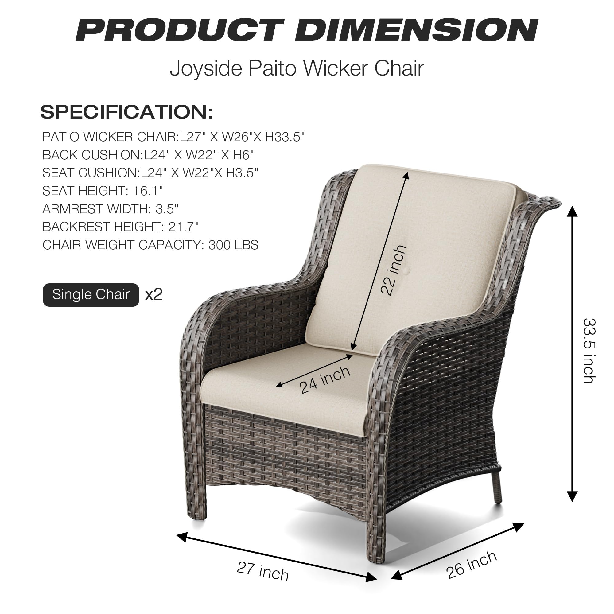 Joyside 2-Piece Outdoor Wicker Dining Chair Set - PE Rattan Patio Chairs with 4-Inch Cushions, Mixed Grey/Beige - Perfect for Garden, Poolside, and Backyard Relaxation
