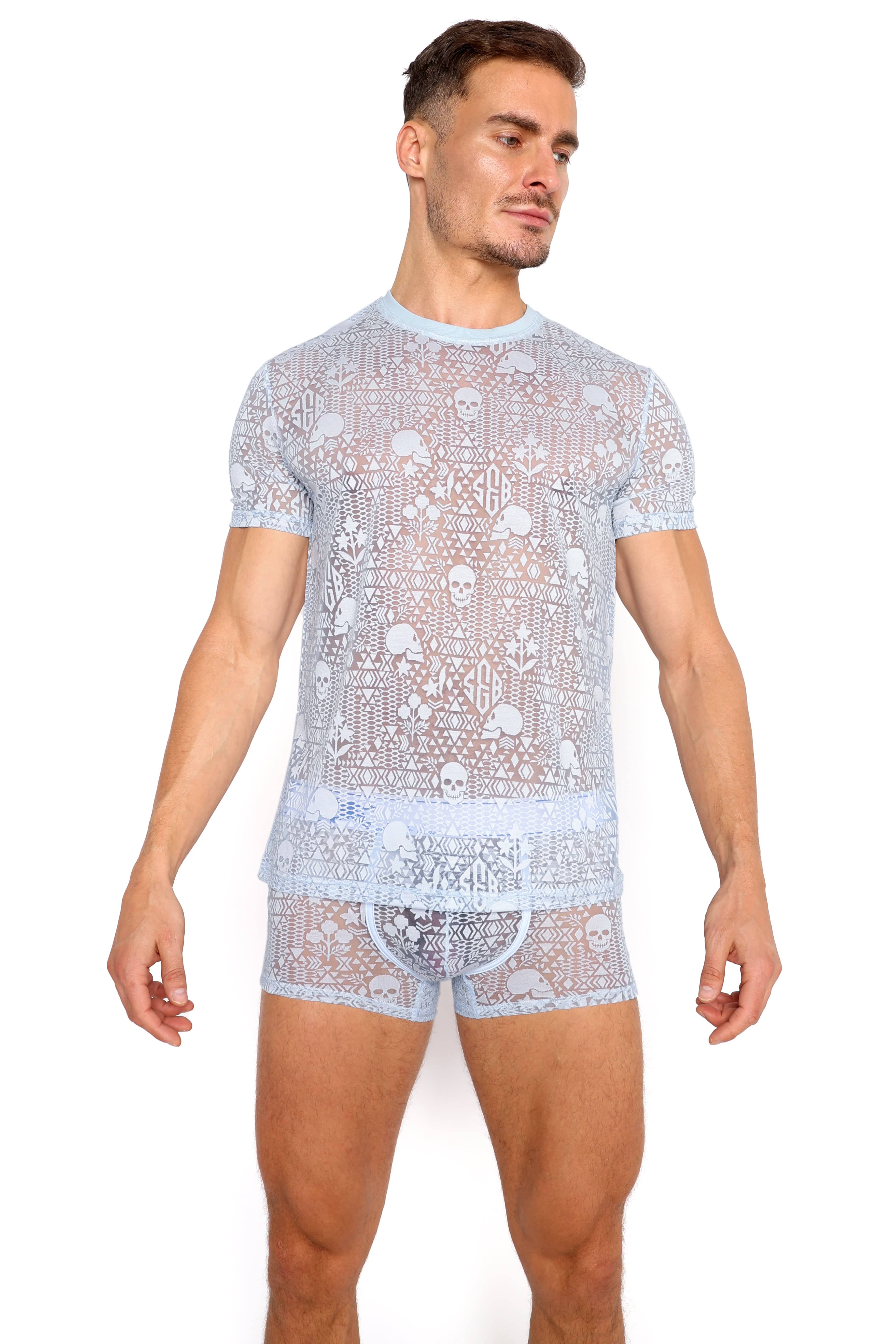 Skull & Bones Burnout Vintage T-Shirt - Distressed Blue Graphic Tee for Men | Gothic Streetwear, Casual Outfit & Festival Fashion