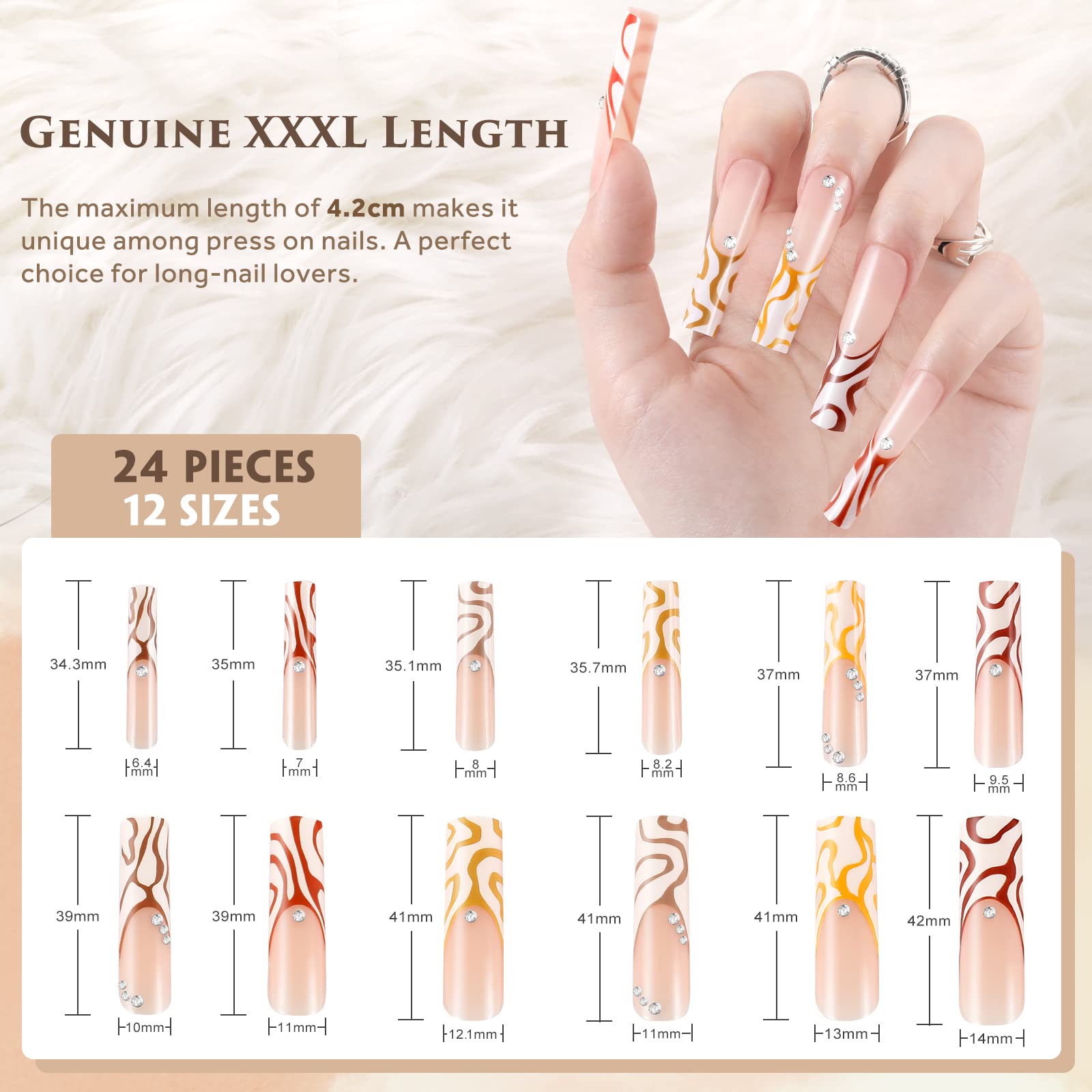 Funtopia 24-Piece French Press On Nails - 4cm Long Square Fake Nails with Elegant Wave Designs & Rhinestones, Natural Nude Acrylic Full Cover Glue On Artificial Nails for Women & Girls - Perfect for Parties, Weddings & Special Occasions