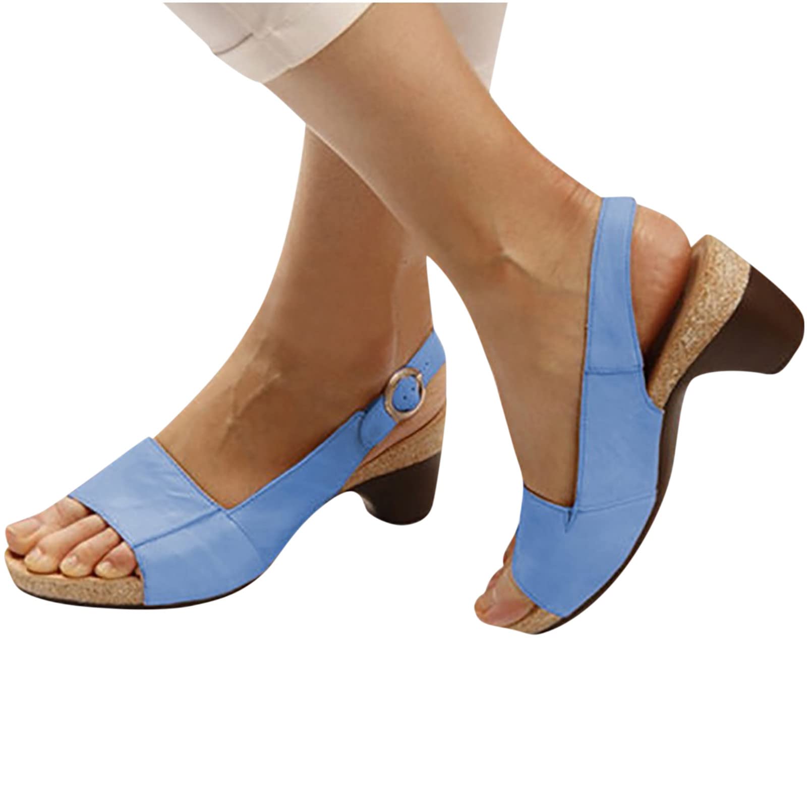 Women's Chunky Heel Sandals - Low Block Heel Open Toe Summer Shoes with Ankle Buckle | Casual Pumps for Beach, Vacation & Everyday Wear