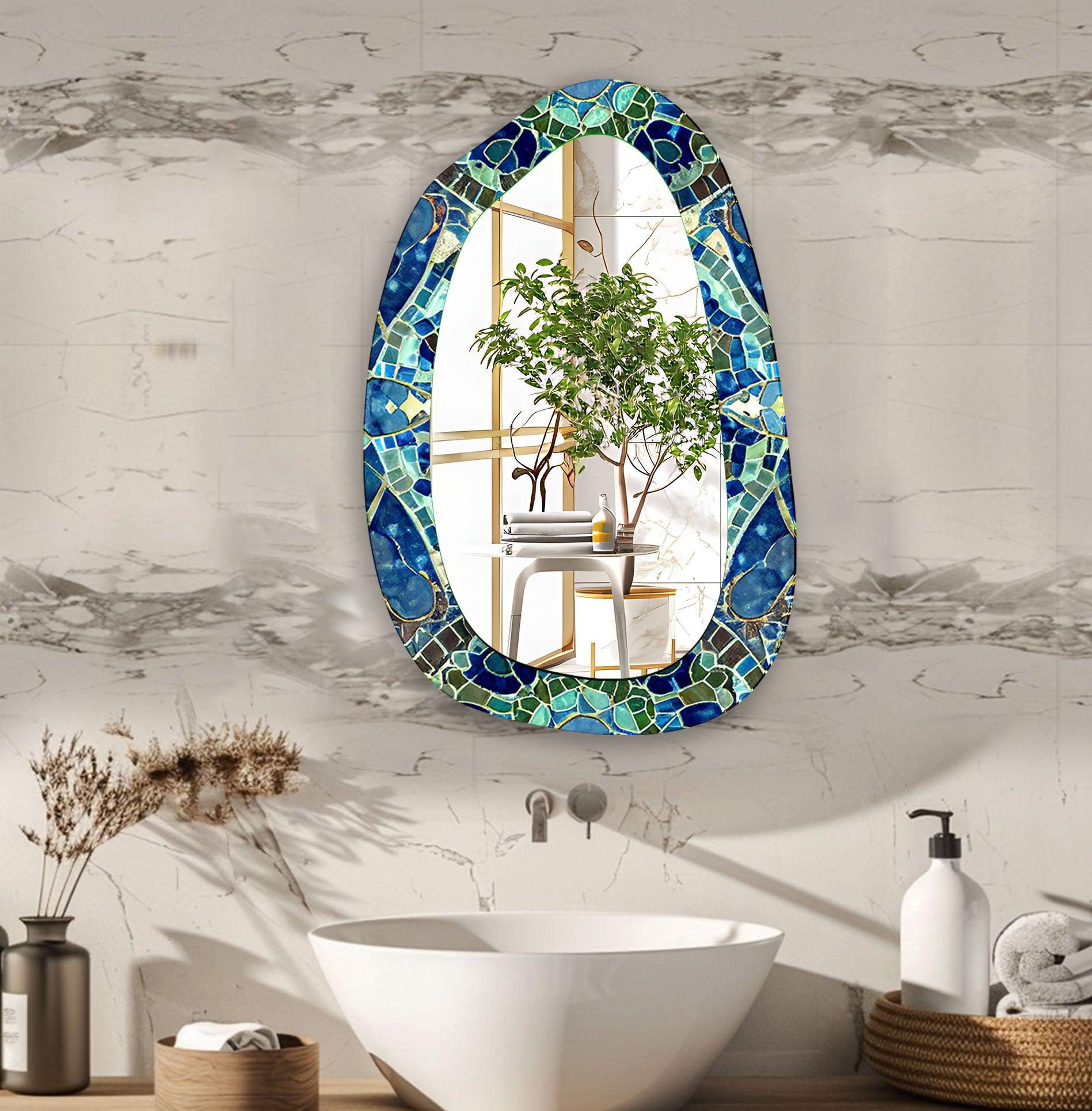 Blue & Green Mosaic Large Glass Wall Mirror - Elegant Home Decor for Living Room, Bedroom, or Entryway - Perfect for Adding Style and Brightness to Any Space