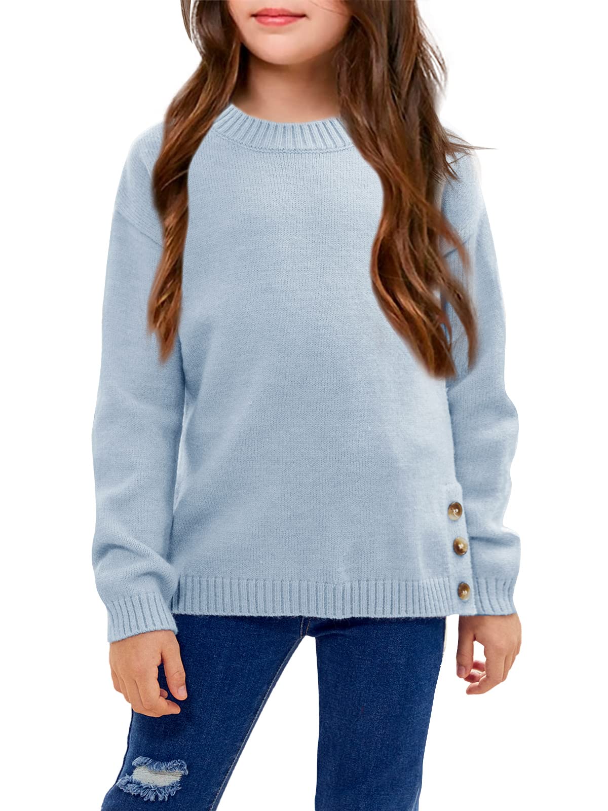 GAMISOTE Girls' Crew Neck Sweater - Long Sleeve Knit Pullover with Side Buttons | Casual School Wear, Winter Layering, Everyday Outfits