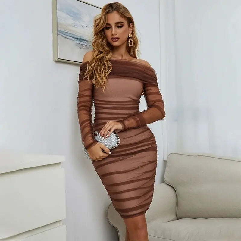 Elegant Brown Mesh Sleeve Off-The-Shoulder Rayon Bandage Dress for Women | Sexy Club Party, Cocktail, Evening & Night Out Dresses
