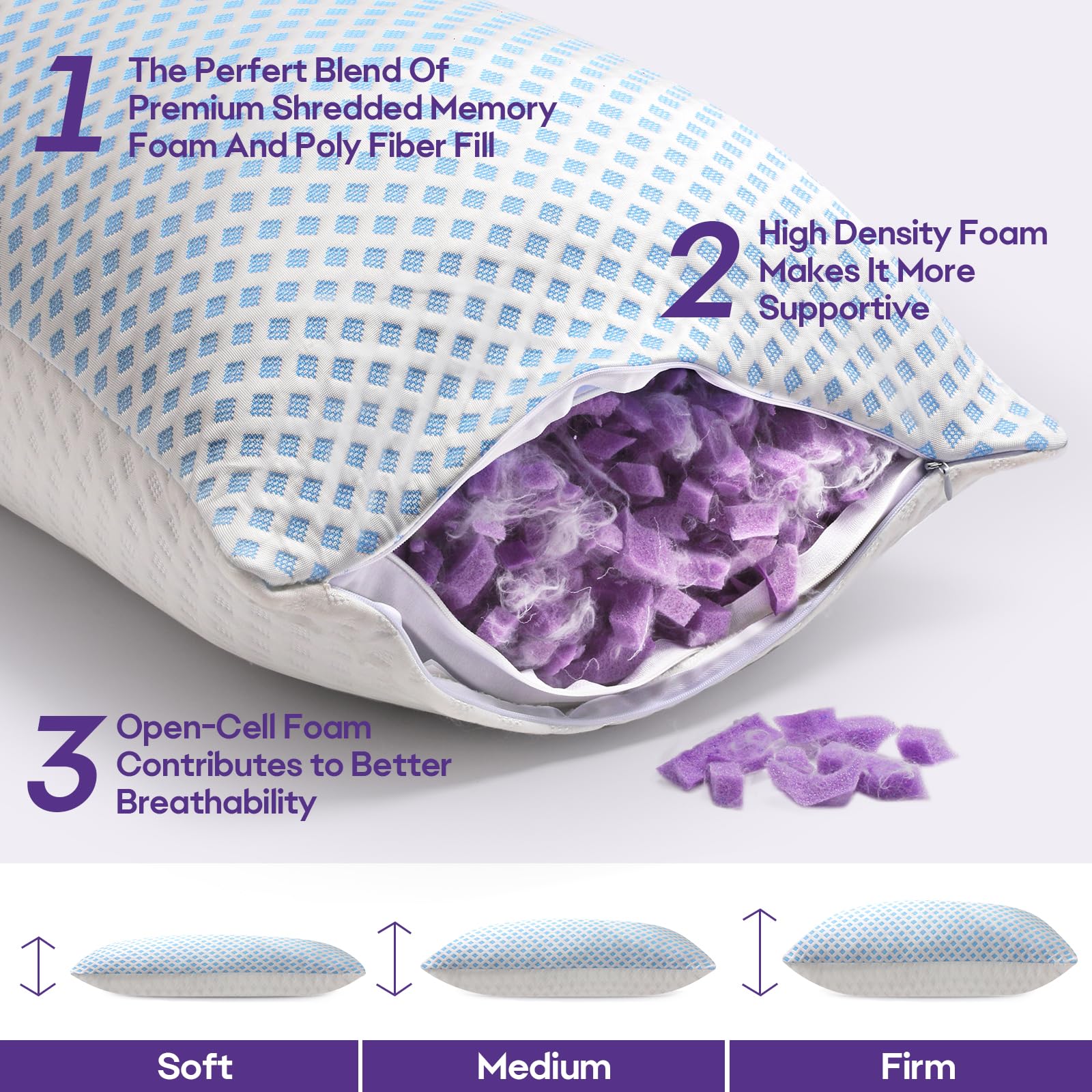 Cooling Pillows Queen Size 2 Pack - Shredded Memory Foam Pillows for Side, Back & Stomach Sleepers | Soft Firm Bed Pillow with Hypoallergenic Zipper Cover | Adjustable & Breathable 20x30 Inches | Perfect for Hot Sleepers & Night Sweat Relief