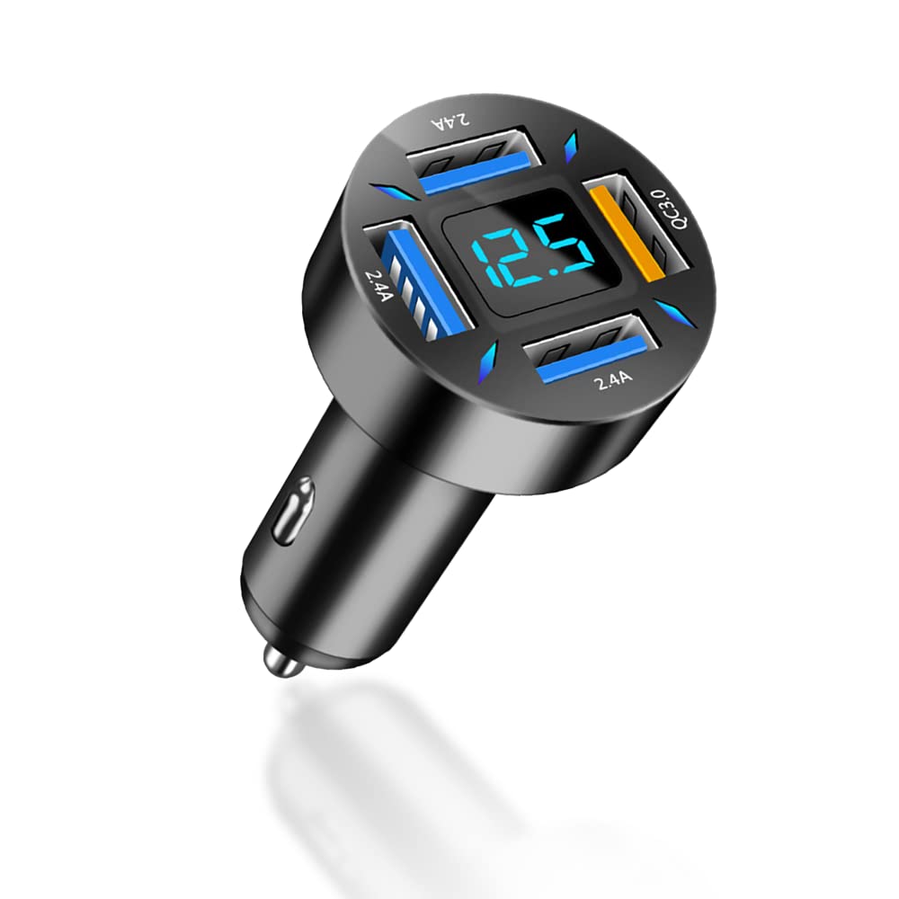4-Port USB Fast Car Charger with QC 3.0 & Voltmeter - 36W Multi-Port Cigarette Lighter Charger Adapter for iPhone, Samsung, Android Phones & Tablets - Perfect for Road Trips, Commuting & Family Travel