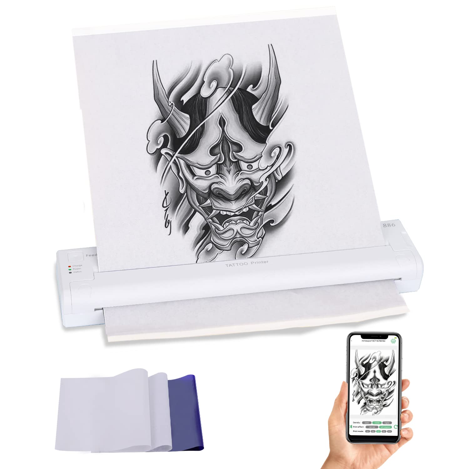 Wireless Tattoo Stencil Machine - Rechargeable Inkless Bluetooth Tattoo Printer with 15 Sheets Transfer Paper for Permanent & Temporary Tattoos, iOS Compatible - Perfect for Tattoo Artists & DIY Enthusiasts at Home or Studio