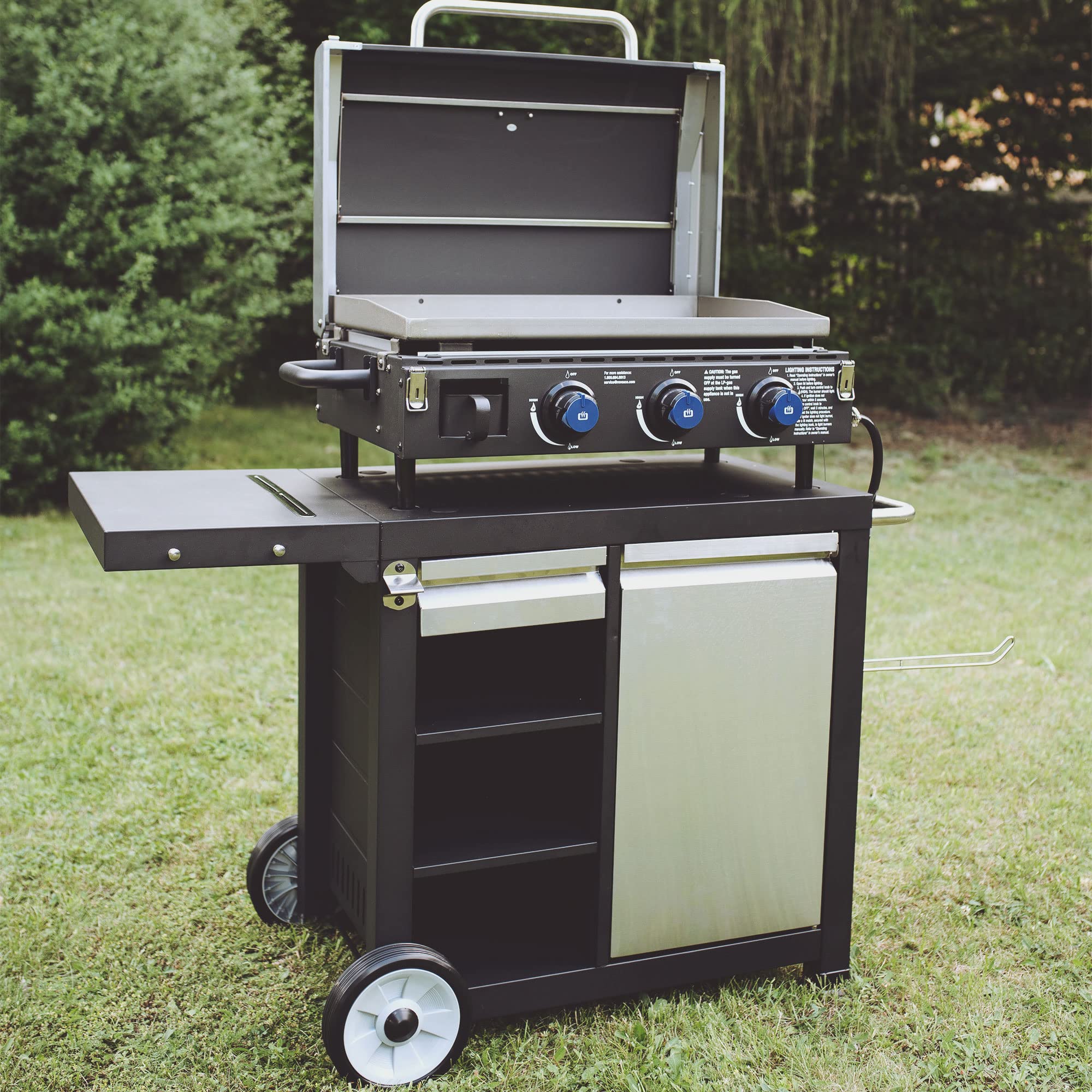 Universal Rolling Prep Cart with Shelves & Storage Drawer - Portable Outdoor Griddle & Grill Accessory - Black - Perfect for Backyard BBQs, Camping & Outdoor Cooking
