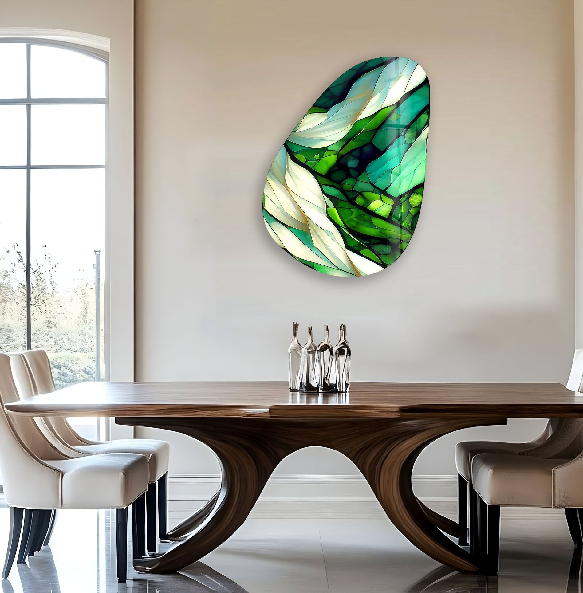 Handmade Asymmetrical Oval Green Fractal Glass Wall Art - Modern Abstract Home Decor for Living Room, Bedroom & Office