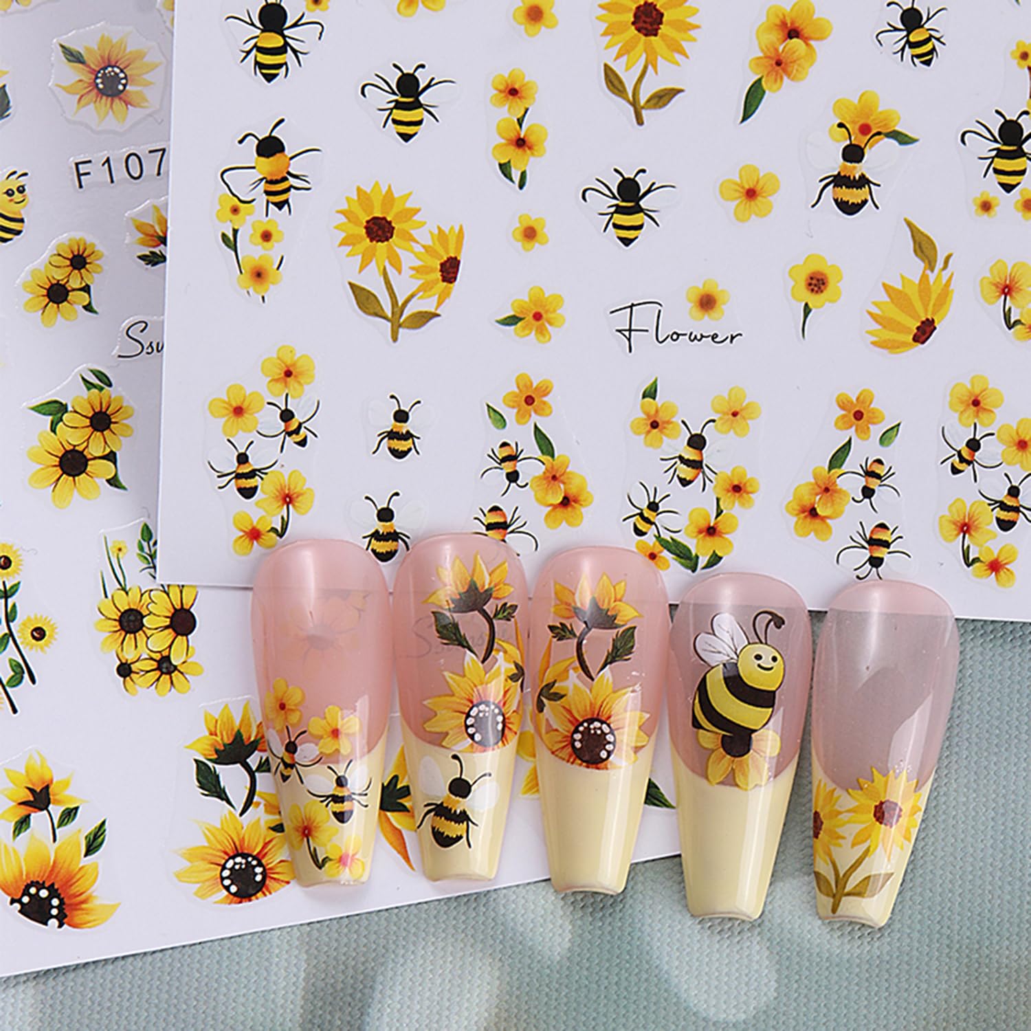 6 Sheets Flower Nail Art Stickers - Sunflower, Bee & Butterfly Designs, Self-Adhesive Nail Decals for Women, Spring Floral Nail Supplies, Cute Elegant Nail Decor for Parties, Weddings & Daily Manicures