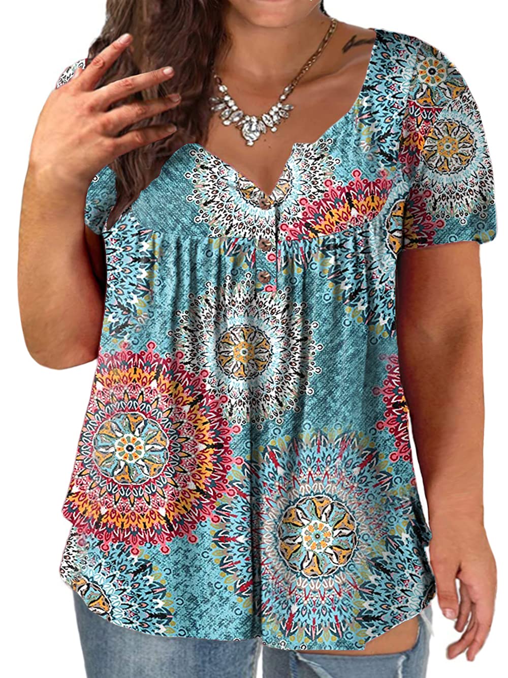 Plus Size Women's Summer Henley Shirts - Flowy Tunic Tops for Casual Wear & Beach Outfits | Comfortable Loose Fit Tee for Everyday Style