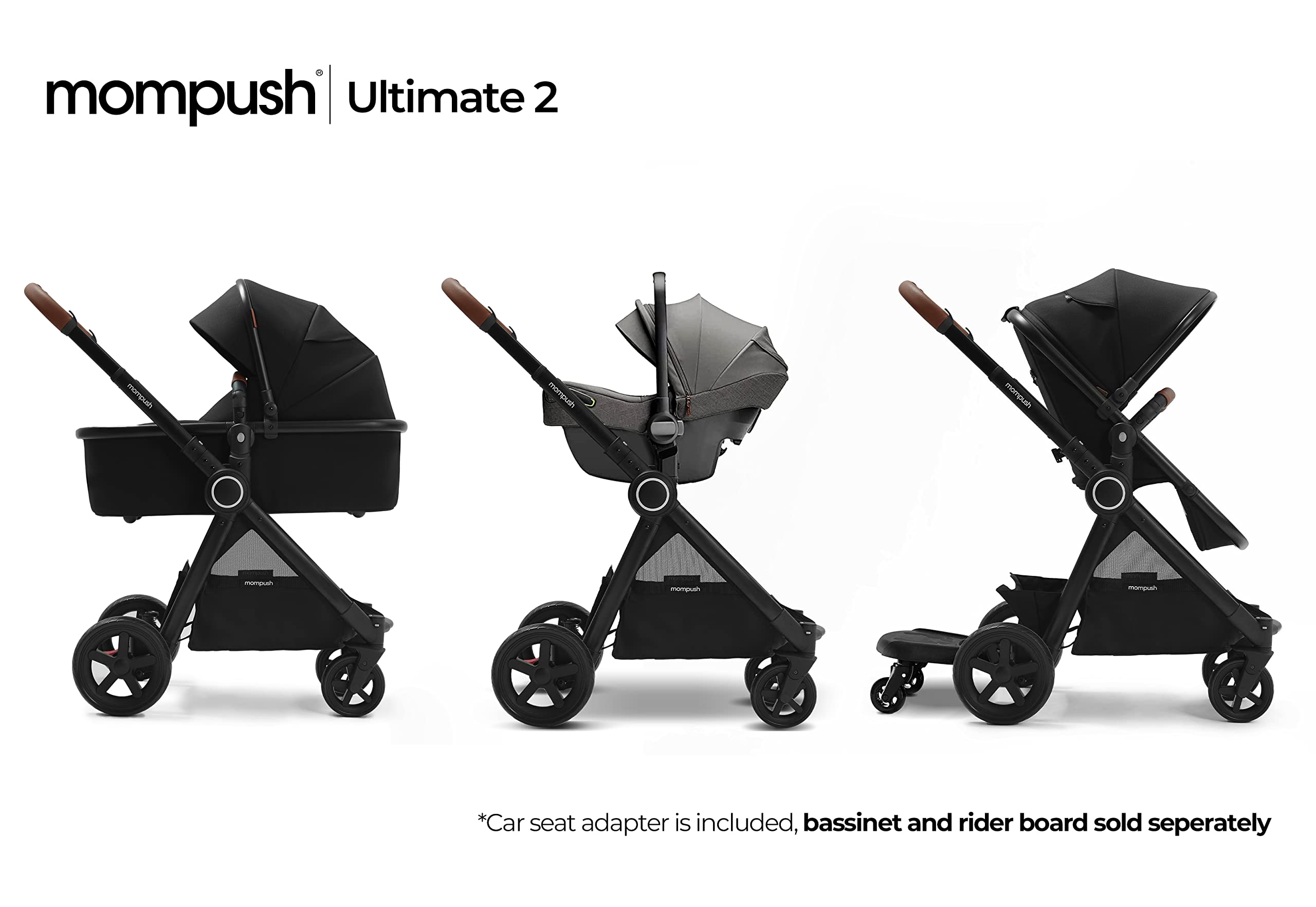 Mompush Ultimate2 Baby Stroller - Premium Convertible Full-Size Bassinet Stroller for Newborn & Toddler with Reversible Seat, One-Hand Recline Pushchair Pram & Car Seat Adapter - Perfect for City Walks, Shopping & Family Outings