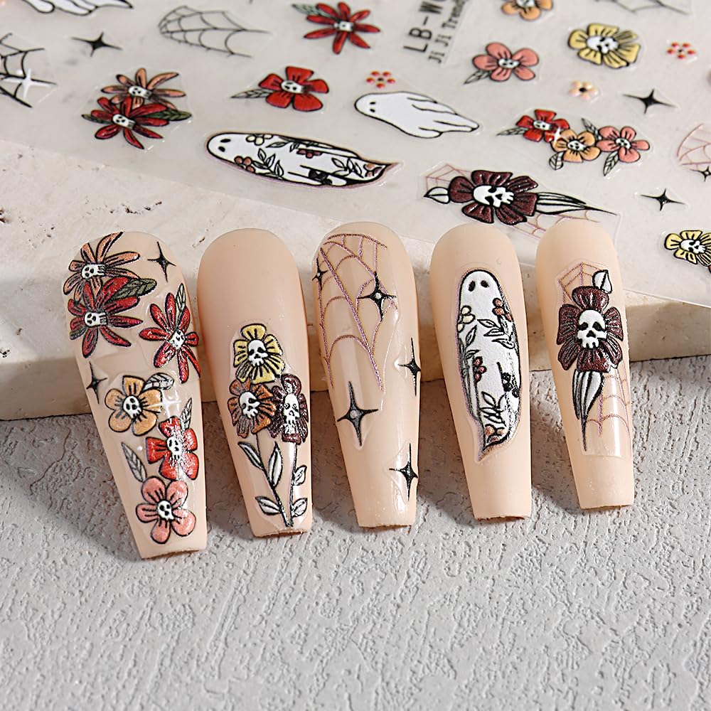Halloween Nail Stickers - 5D Embossed Ghost & Skull Floral Nail Decals - Self-Adhesive Nail Art Supplies for Women & Kids - 2PCS - Perfect for Halloween Parties, Costume Nails & Spooky Manicure Decorations