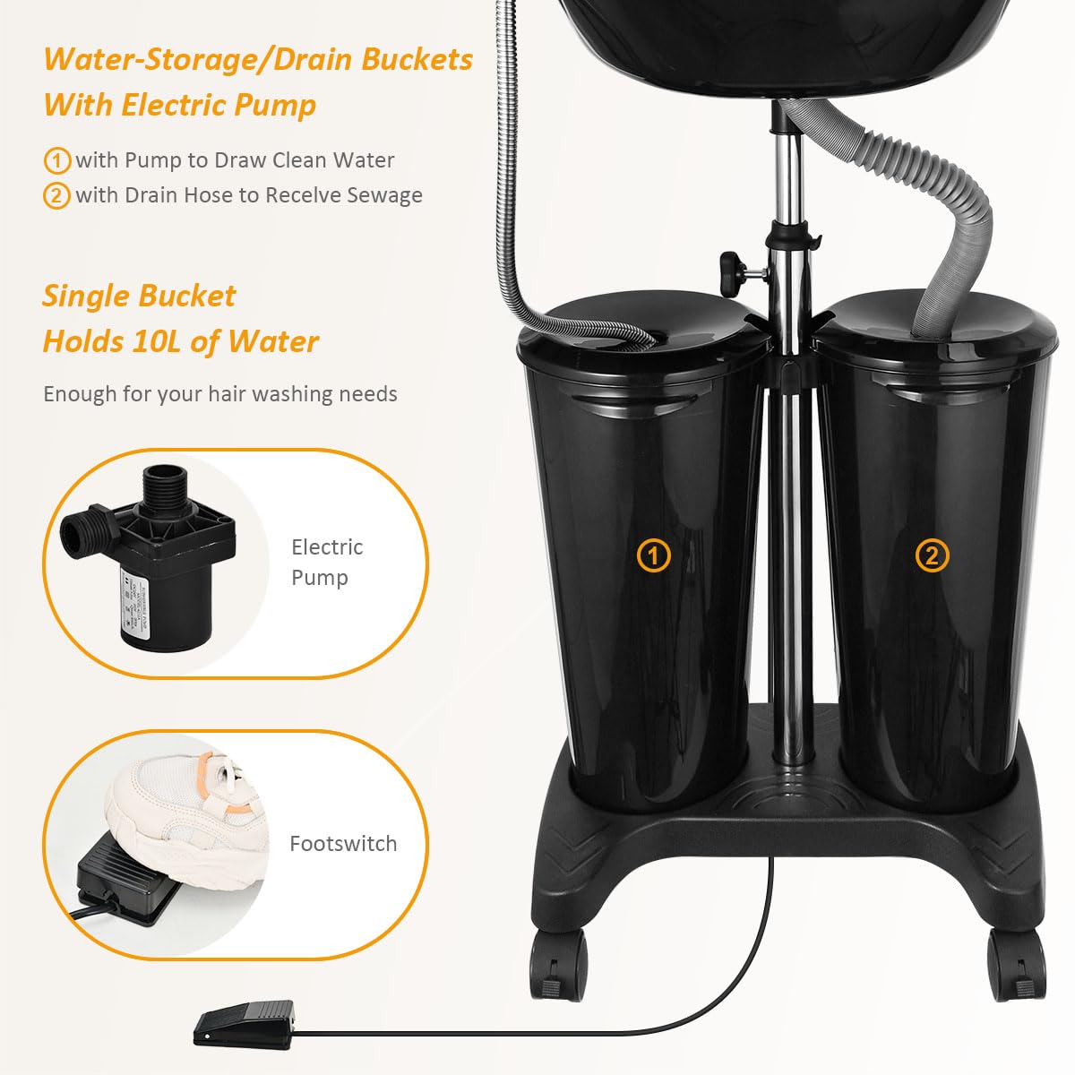 Portable Shampoo Bowl with Electric Pump - Adjustable Height Salon Sink with 2 Buckets & Drain Hoses - Perfect for Home Hair Washing, Mobile Stylists & Beauty Professionals