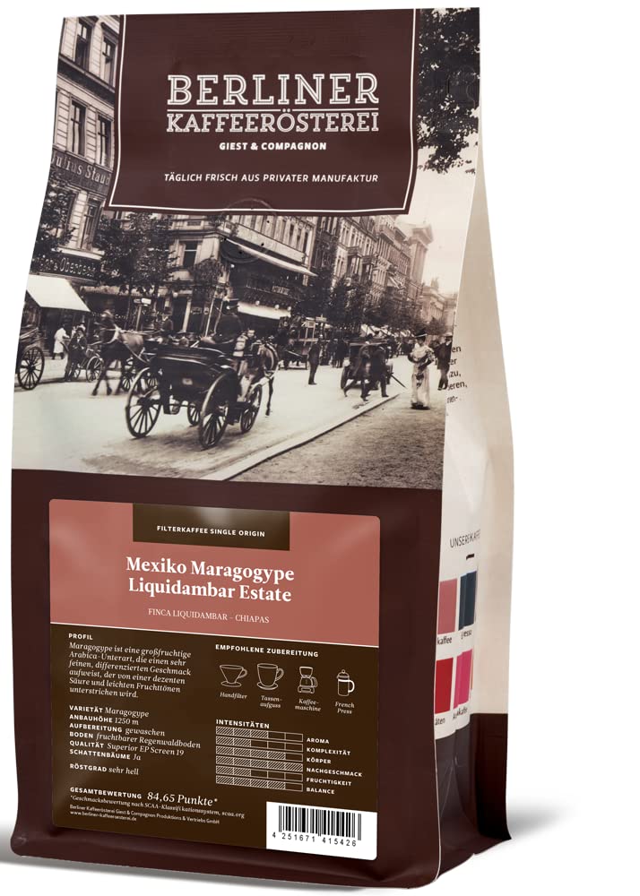 Berliner Kaffeerösterei - Mexico Maragogype Finca Liquidambar Coffee Beans (1000g / Ground), Light Roast Level, 100% Arabica, Floral/Fruity/Spicy Aroma Profile - Perfect for Home Brewing, Office Use & Gift Giving